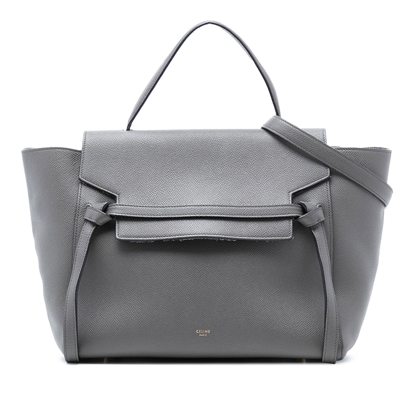 Celine Mini Belt Bag in Grained Calfskin Leather Gray: Celine Mini Belt Bag in Grained Calfskin Leather Gray This Celine Mini Grained Calfskin Belt Bag is crafted from gray leather and features a flat leather top handle, a detachable flat leather strap, a