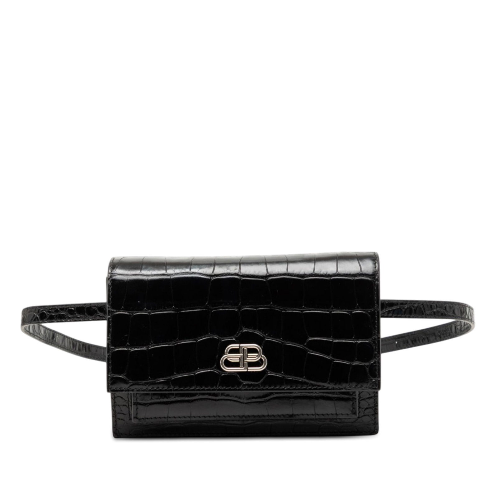 Balenciaga Sharp XS Croc Embossed Black Leather Belt Bag: Balenciaga Sharp XS Croc Embossed Black Leather Belt Bag This Balenciaga Sharp Belt Bag XS features a black croc-embossed leather body with an adjustable and detachable flat leather waist strap. The d