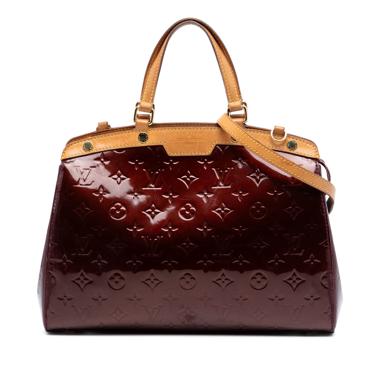 Louis Vuitton Brea MM Red Vernis Leather Shoulder Bag with Strap: Louis Vuitton Brea MM Red Vernis Leather Shoulder Bag with Strap The Louis Vuitton Monogram Vernis Brea MM features a vernis leather body with flat vachetta leather handles and a detachable leather st