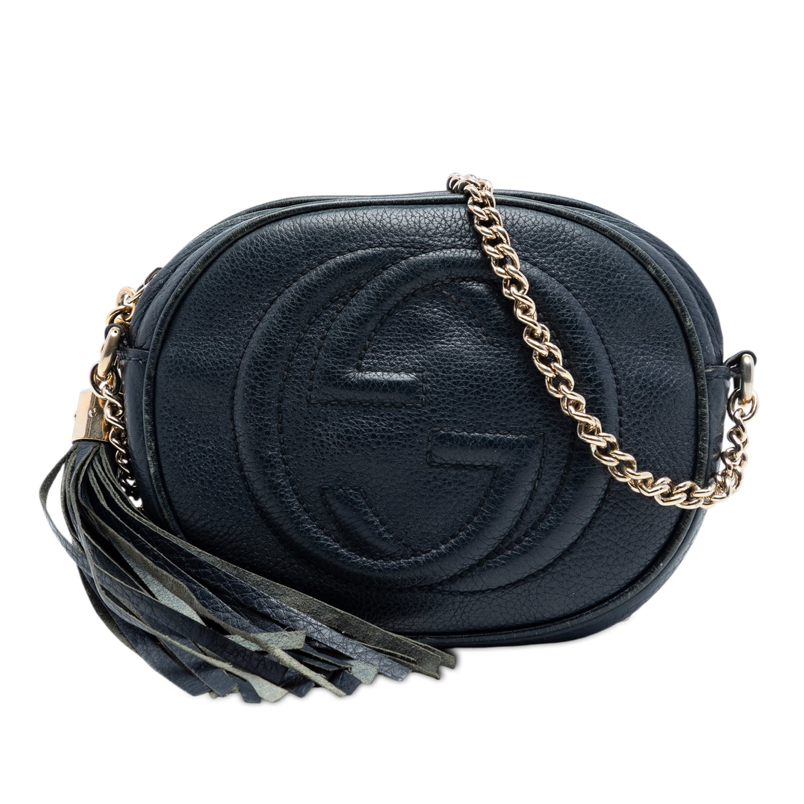 Gucci Soho Mini Blue Leather Crossbody Bag with Chain Strap and Tassel: Gucci Soho Mini Blue Leather Crossbody Bag with Chain Strap and Tassel This Gucci Mini Pebbled Calfskin Soho Chain Crossbody features a blue leather exterior with a signature tassel detail and chain l