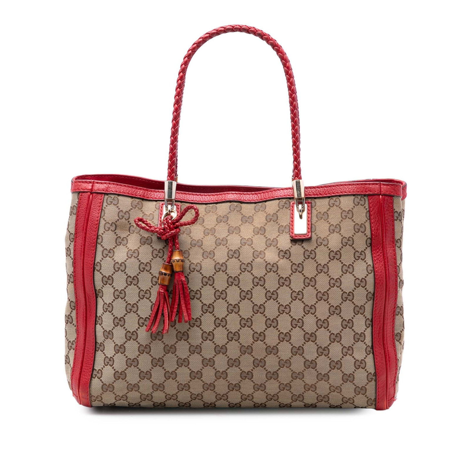 Gucci Bella Tote Bag Medium GG Canvas with Leather Trim and Tassel: Gucci Bella Tote Bag Medium GG Canvas with Leather Trim and Tassel This Gucci Medium GG Canvas Bella Tote features a beige canvas body accented with leather trim and tassel detail. The tote is designe