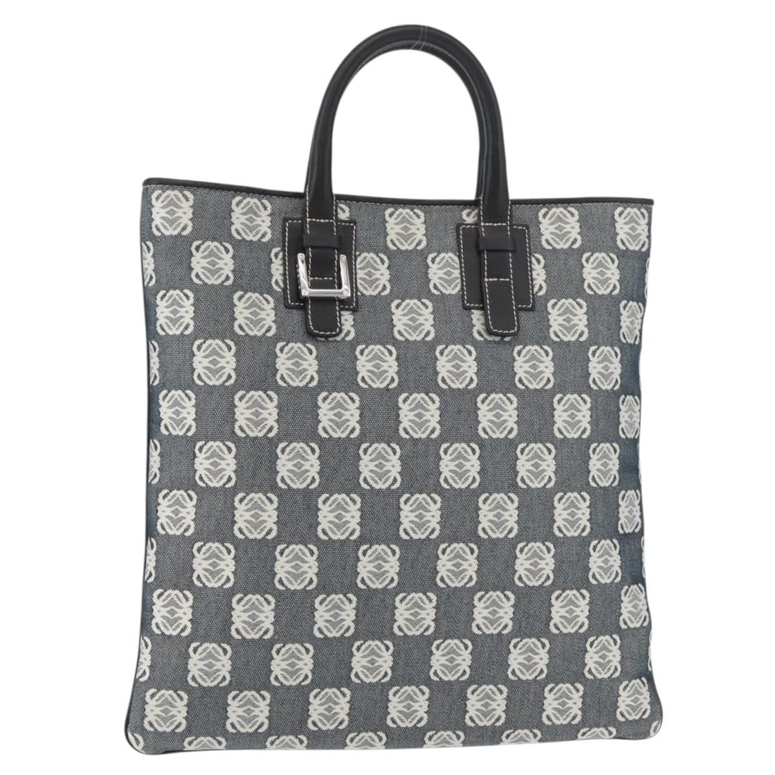 LOEWE Anagram navy silver canvas handbag Spain: LOEWE Anagram navy silver canvas handbag Spain This LOEWE Anagram handbag is crafted from navy and silver canvas with leather accents, offering a stylish and versatile accessory for women. The bag fea