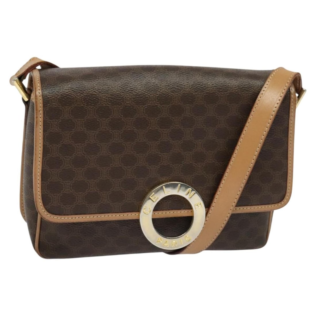 Celine Macadam Circle Logo Brown Canvas and Leather Vintage Shoulder Bag: Celine Macadam Circle Logo Brown Canvas and Leather Vintage Shoulder Bag This Celine Vintage Macadam Circle Logo Shoulder Bag features a classic brown canvas exterior accented with PVC and leather det