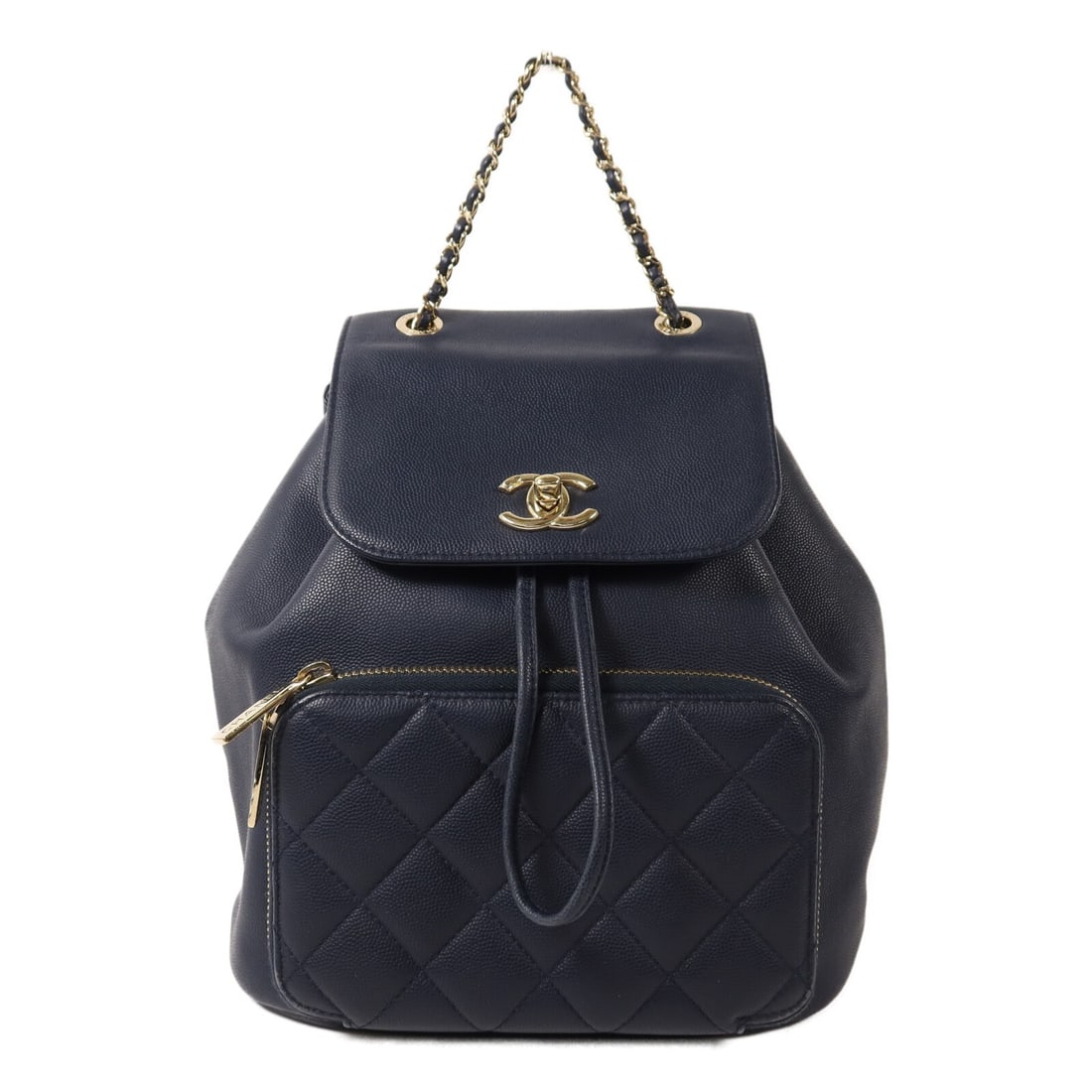Chanel Business Affinity Navy Calfskin Chain Backpack with Gold Tone CC: Chanel Business Affinity Navy Calfskin Chain Backpack with Gold Tone CC This Chanel Business Affinity chain backpack features luxurious navy calfskin leather with signature CC accents and gold-tone ha