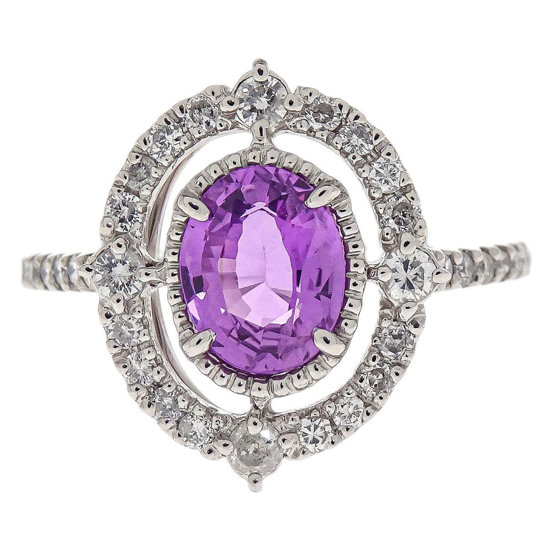 Platinum Pink Sapphire and Diamond Ring Size 52 Vintage Jewelry: Platinum Pink Sapphire and Diamond Ring Size 52 Vintage Jewelry This vintage ring features a round pink sapphire as the main stone, accented by diamonds. Crafted from platinum with Pt900 purity, it ha