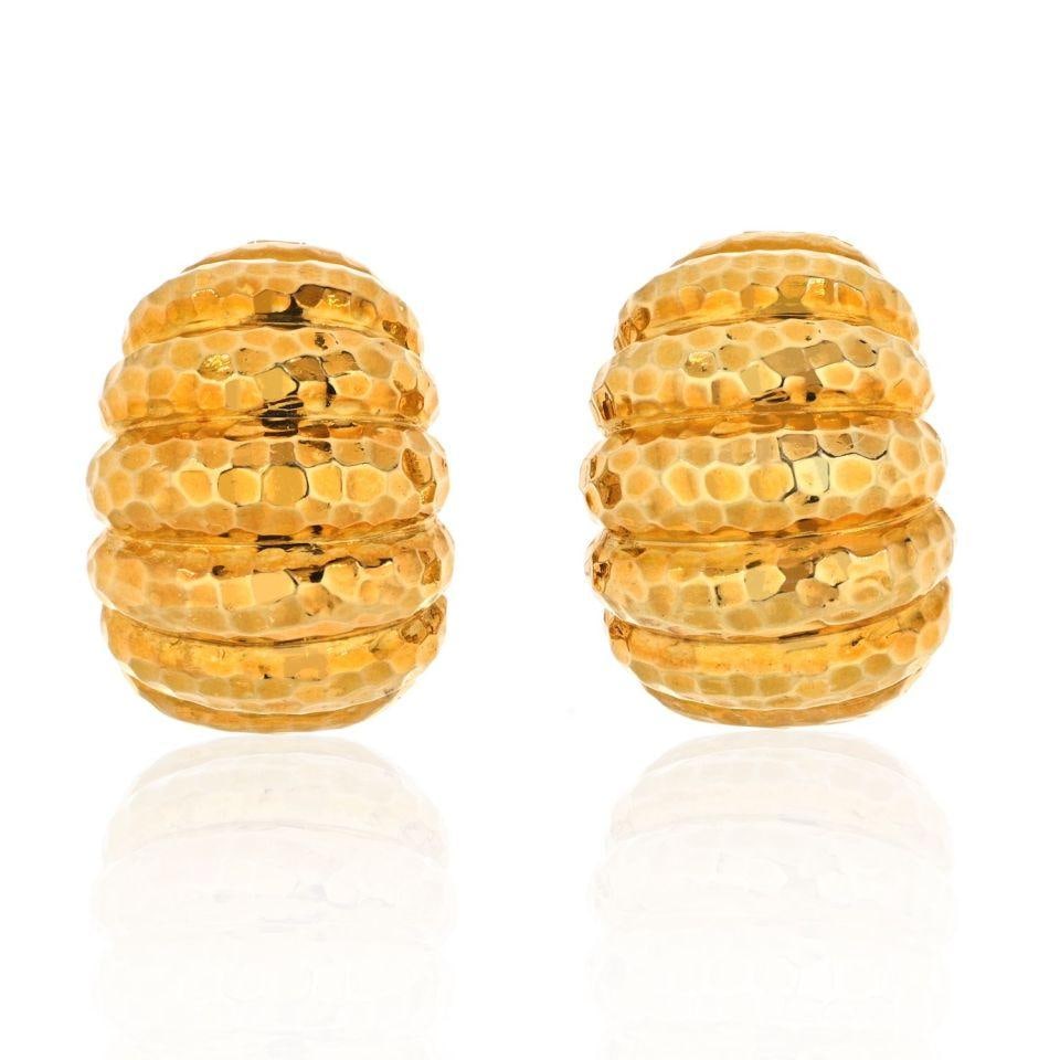 David Webb 18K Yellow Gold Jumbo Hammered Shrimp Earrings: David Webb 18K Yellow Gold Jumbo Hammered Shrimp Earrings Make a striking statement with these David Webb Jumbo Shrimp Earrings, crafted from luxurious 18K yellow gold. Featuring a unique hammered fin