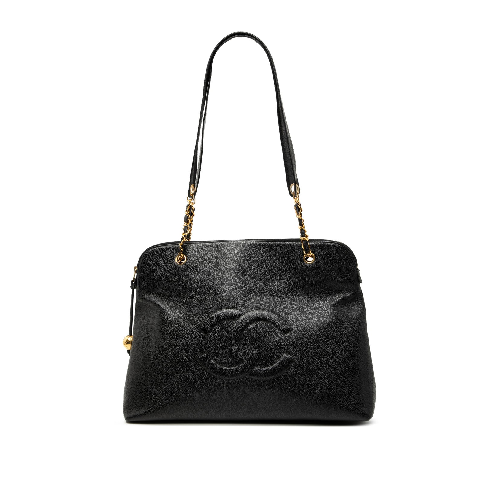 Chanel Black Caviar Leather CC Shoulder Bag with Chain Straps: Chanel Black Caviar Leather CC Shoulder Bag with Chain Straps This Chanel CC Caviar Shoulder Bag features a black leather body with woven leather chain straps, a top zip closure, and an interior zip p