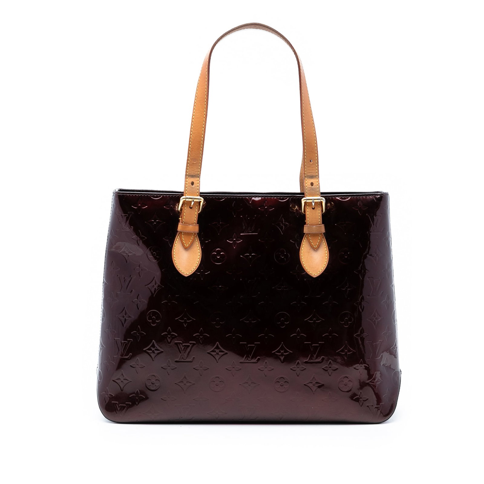 Louis Vuitton Brentwood Purple Vernis Leather Tote Bag with Slip Pockets: Louis Vuitton Brentwood Purple Vernis Leather Tote Bag with Slip Pockets This Louis Vuitton Monogram Vernis Brentwood bag features a vernis leather body in purple, complemented by flat vachetta leathe