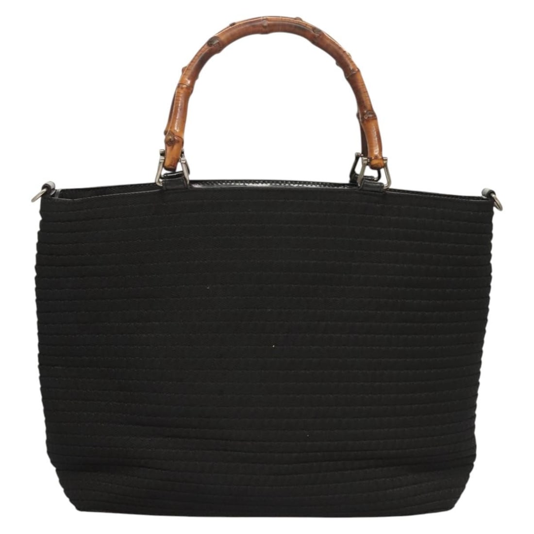 Gucci Bamboo Black Canvas Tote Handbag from Italy: Gucci Bamboo Black Canvas Tote Handbag from Italy This Gucci Bamboo tote bag features a black canvas exterior with bamboo handles, designed for women. The bag includes leather accents and metal fittin
