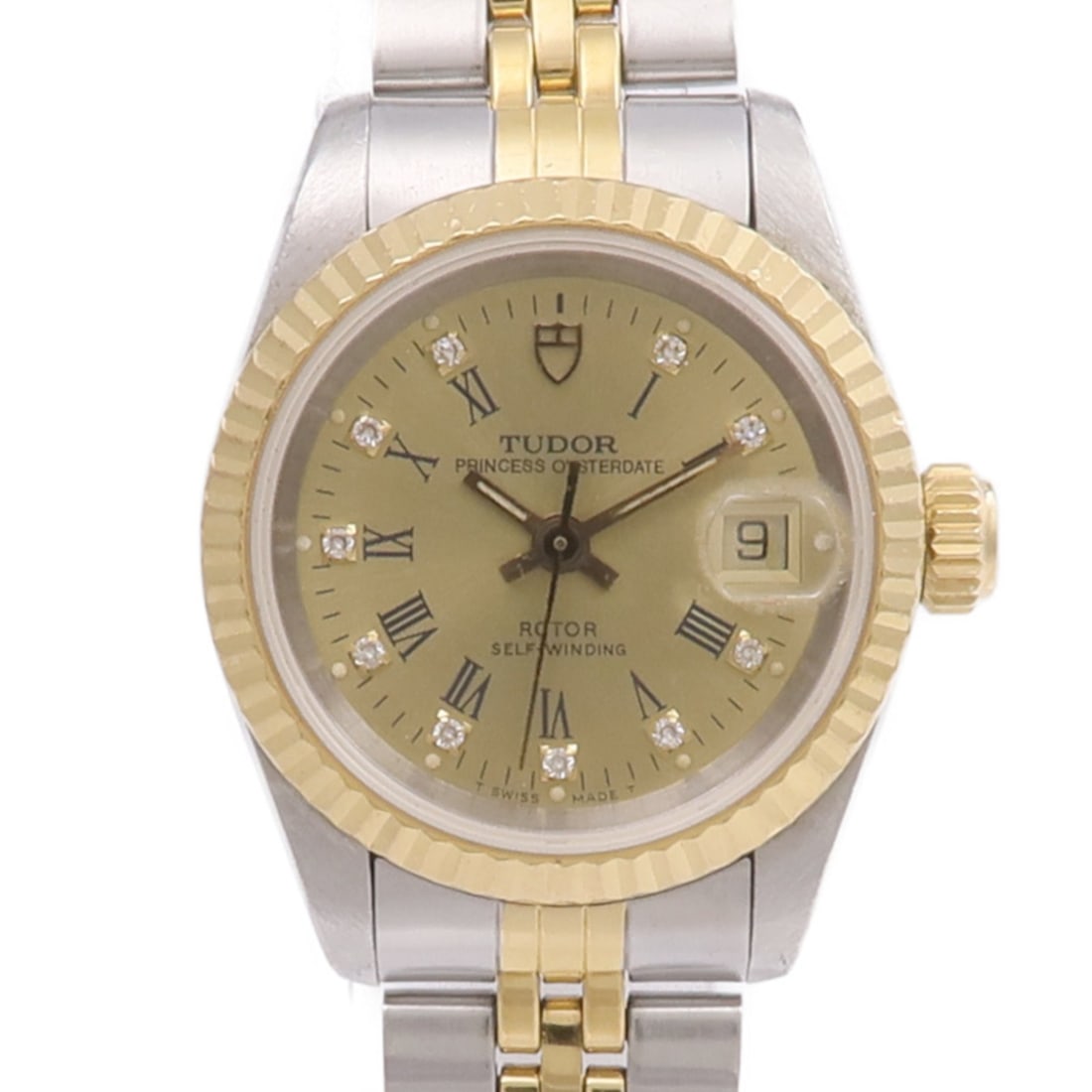 TUDOR Princess Oysterdate 92413 K18 Gold Diamond Automatic Wristwatch: TUDOR Princess Oysterdate 92413 K18 Gold Diamond Automatic Wristwatch This TUDOR Princess Oysterdate 92413 is a sophisticated women's wristwatch crafted from 18K yellow gold and stainless steel. Featu