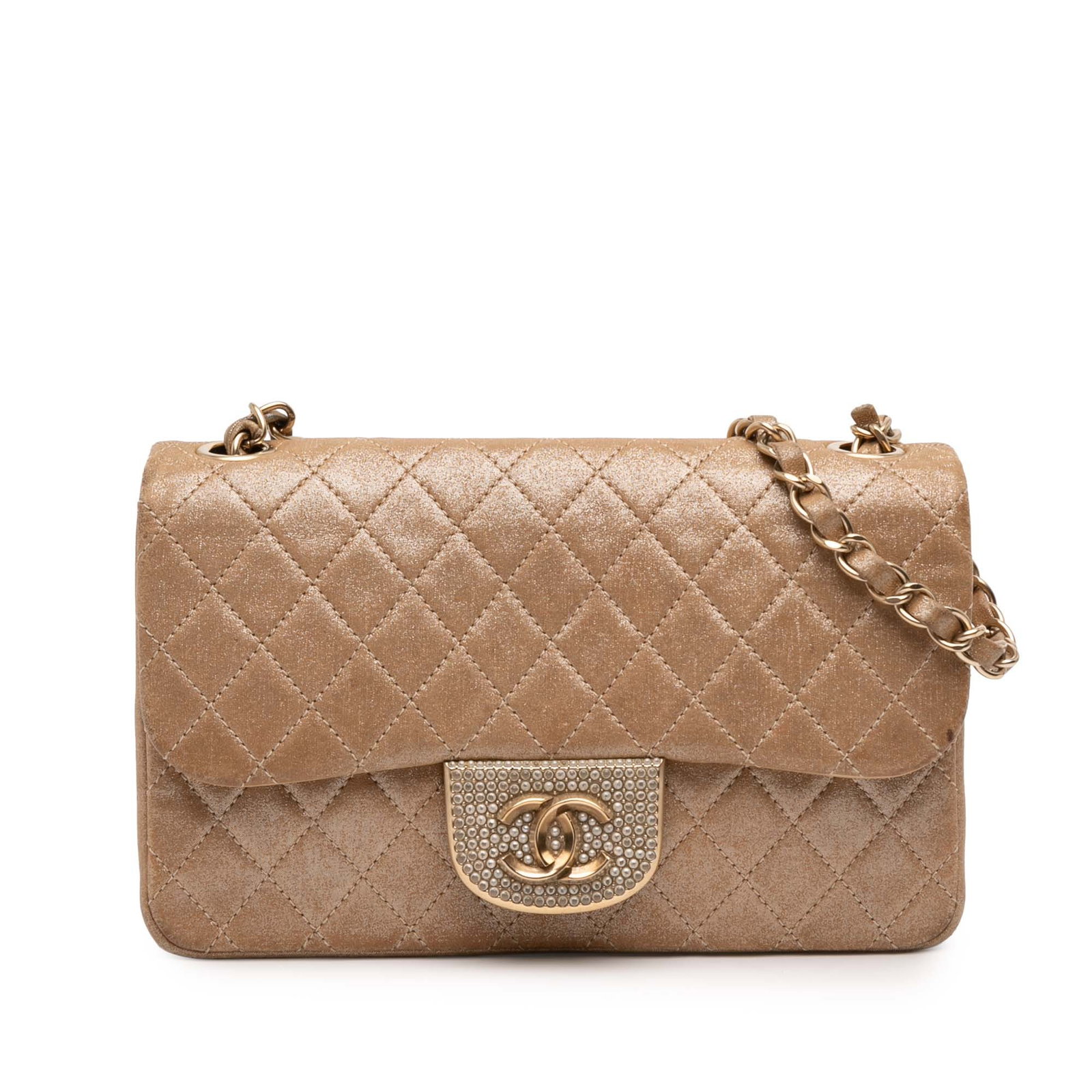 Chanel Iridescent Lambskin Crossbody Bag with Pearl and Crystal CC Flap: Chanel Iridescent Lambskin Crossbody Bag with Pearl and Crystal CC Flap This Chanel Small Quilted Iridescent Lambskin Pearl CC Crystal Flap crossbody bag showcases an iridescent lambskin leather exter
