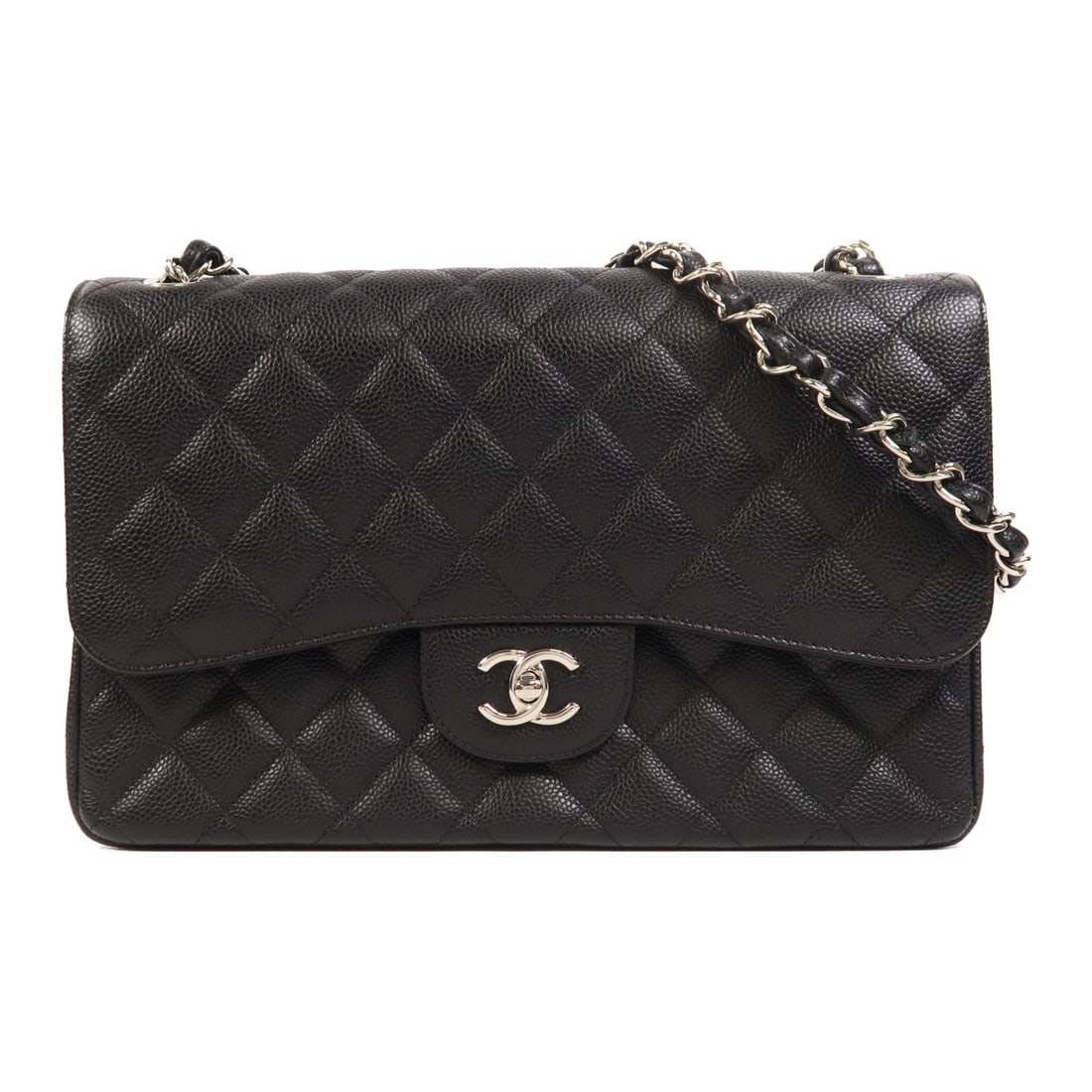 Chanel Large Classic Black Calfskin Chain Shoulder Bag Silver Hardware A58600: Chanel Large Classic Black Calfskin Chain Shoulder Bag Silver Hardware A58600 This is a CHANEL Large Classic Chain Shoulder Bag, crafted from black calfskin leather. The bag features the signature CC 