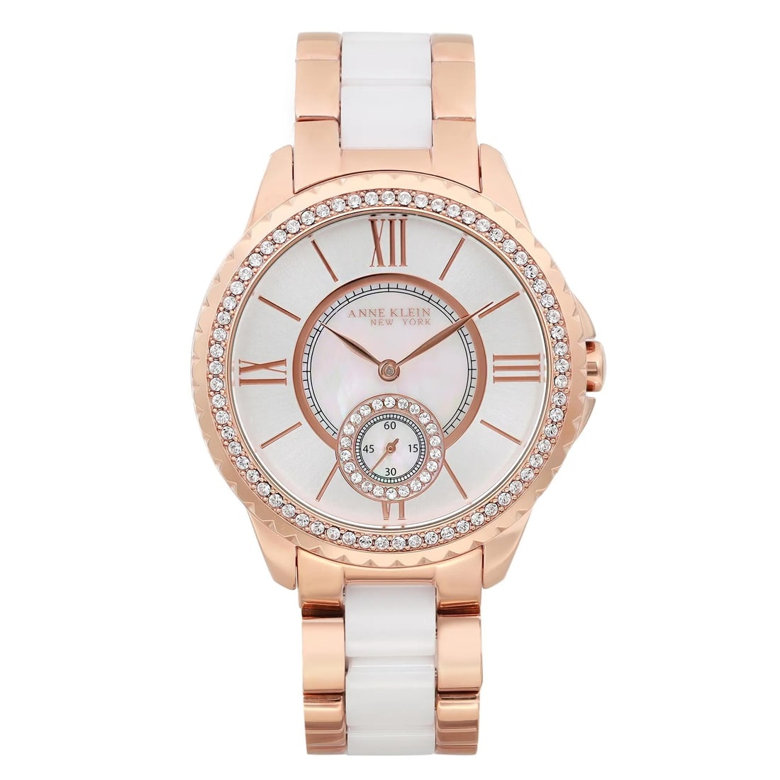 Anne Klein 38mm Gold-Tone MOP Dial Quartz Ladies Watch 12/2310RGWT: Anne Klein 38mm Gold-Tone MOP Dial Quartz Ladies Watch 12/2310RGWT This elegant Anne Klein wristwatch features a 38mm round case crafted from stainless steel with a polished gold-tone finish. The stun