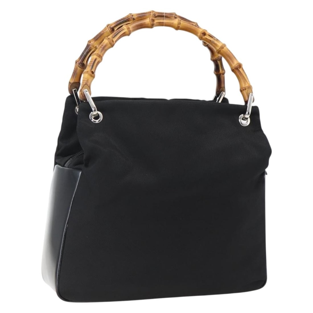 Gucci Black Nylon Bamboo Top Handle Bag Silver Hardware Italy: Gucci Black Nylon Bamboo Top Handle Bag Silver Hardware Italy This is a Gucci Bamboo hand bag crafted from black nylon with silver-tone accents. Designed for women, the bag features bamboo-style handl