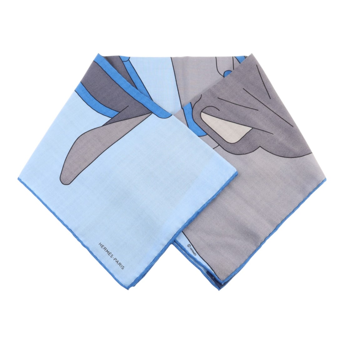 Hermes Blue and Grey Wool Silk 100x100 Women's Scarf: Hermes Blue and Grey Wool Silk 100x100 Women's Scarf This HERMES scarf is crafted from a luxurious blend of wool and silk, featuring a sophisticated blue and grey color palette. Designed for women, it