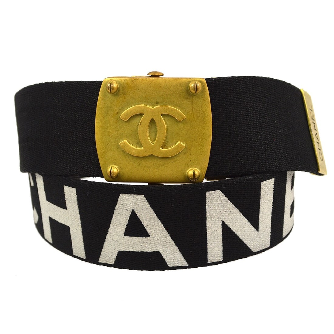 Chanel 90s Black Canvas Waist Belt Size 75/30 Adjustable: Chanel 90s Black Canvas Waist Belt Size 75/30 Adjustable This stylish Chanel black waist belt from the 90s is a perfect accessory to elevate your outfit. Crafted from durable canvas, it features an ad