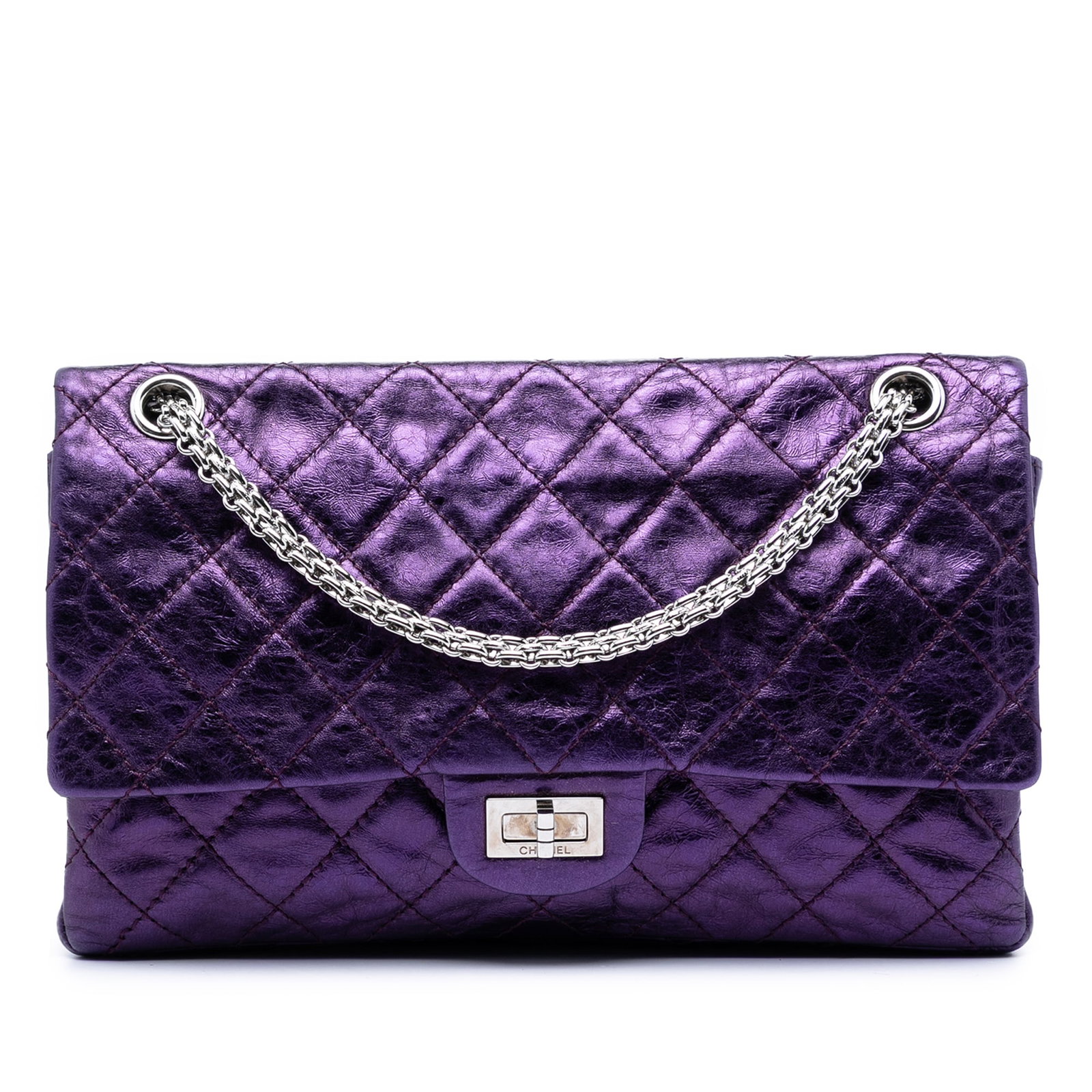 Chanel Reissue 2.55 226 Metallic Quilted Calfskin Double Flap Shoulder Bag: Chanel Reissue 2.55 226 Metallic Quilted Calfskin Double Flap Shoulder Bag This Chanel Quilted Metallic Calfskin Reissue 2.55 Double Flap 226 shoulder bag features a quilted aged calfskin leather body