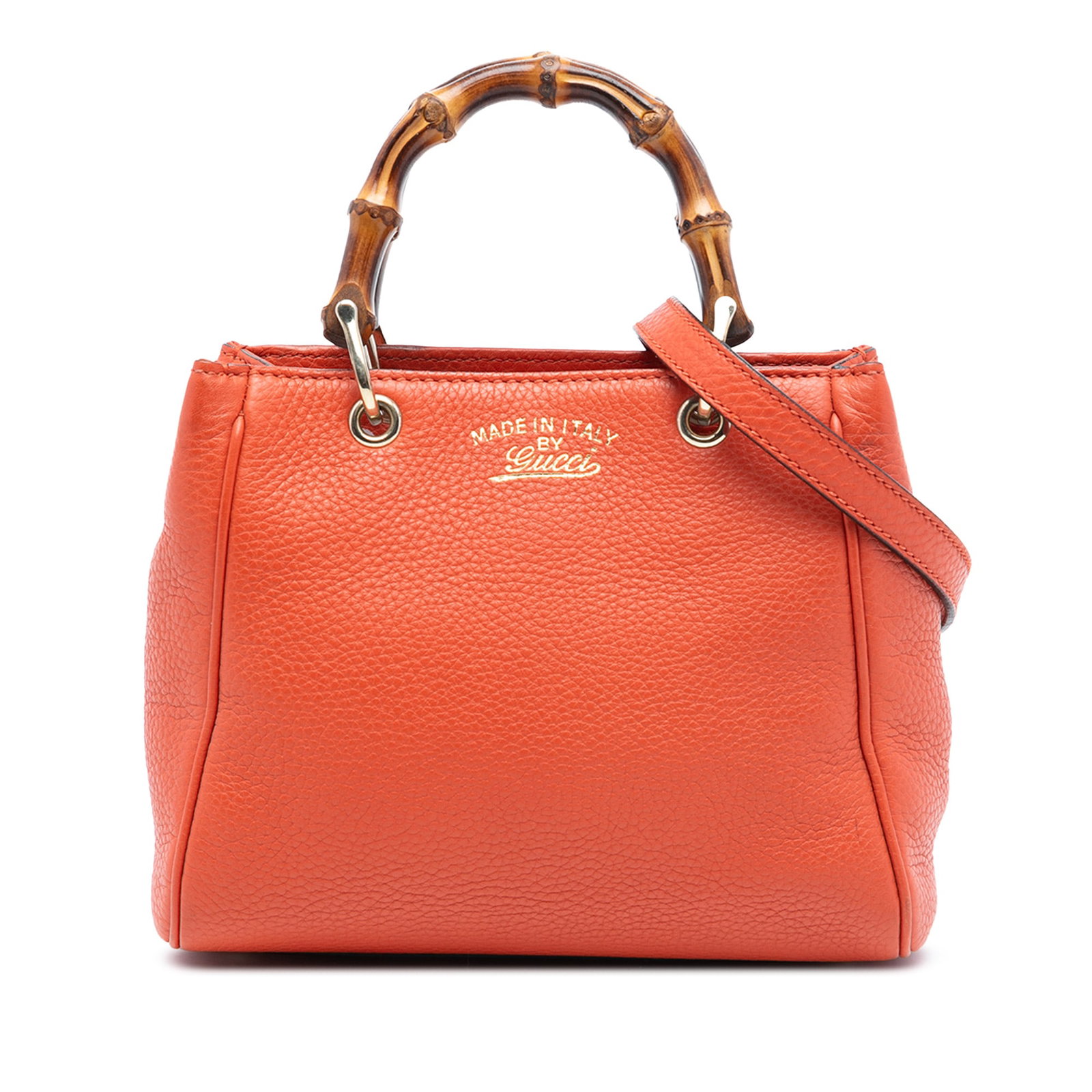 Mini Bamboo Shopper Orange Leather Satchel with Removable Strap by Gucci: Mini Bamboo Shopper Orange Leather Satchel with Removable Strap by Gucci This Gucci Mini Calfskin Bamboo Shopper Satchel features an orange leather body with bamboo top handles, a detachable and adjus
