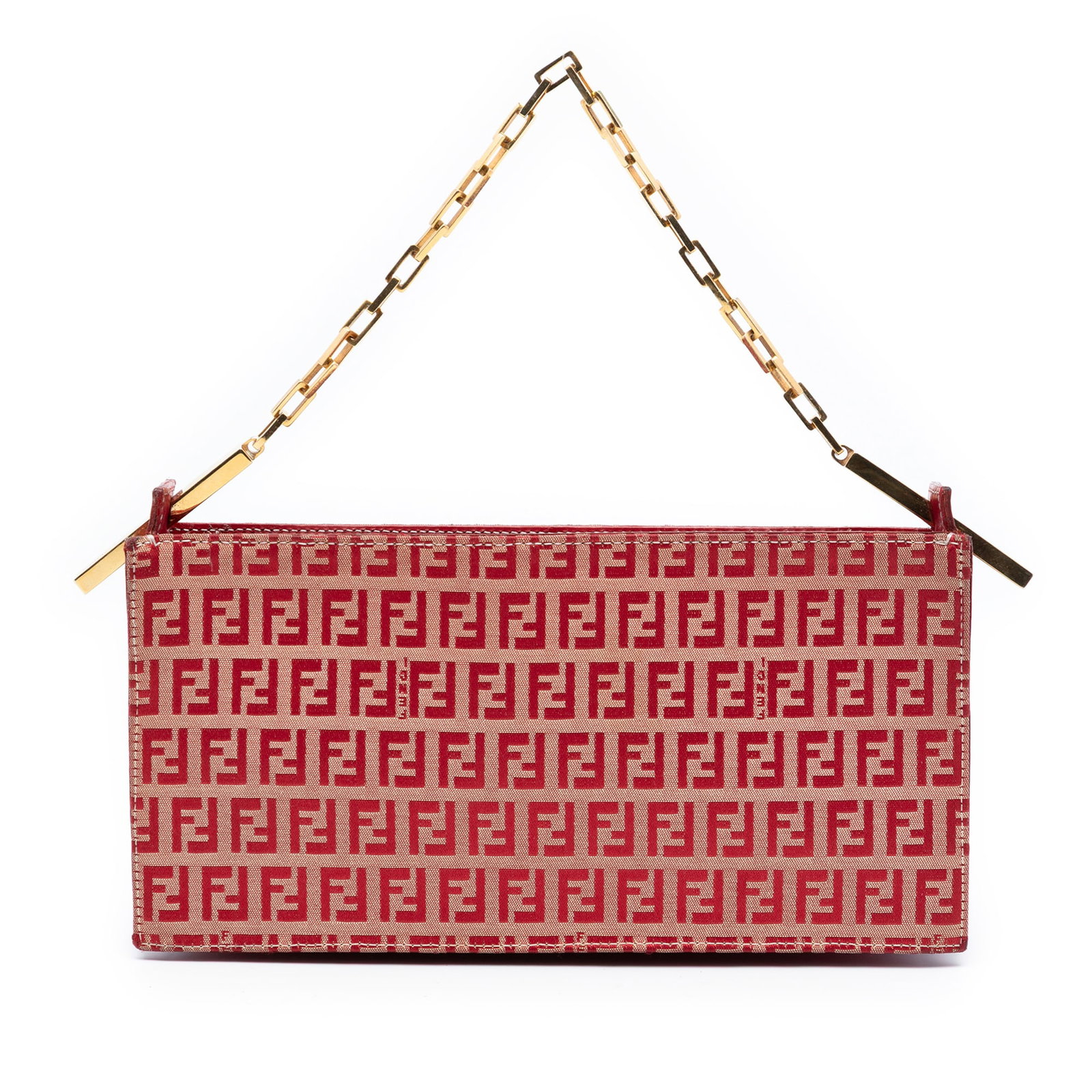 Red Fendi Zucchino Canvas Shoulder Bag with Chain Strap: Red Fendi Zucchino Canvas Shoulder Bag with Chain Strap This Fendi Zucchino Canvas Handbag features a canvas body with leather trim, a chain link strap, a top zip closure, and an interior slip pocket.