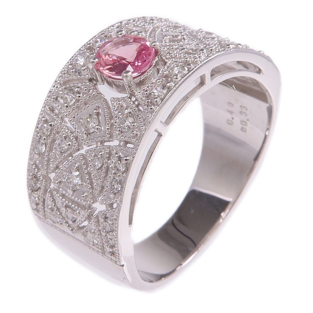 Platinum Pt900 Women's Ring With Pink Sapphire and Diamond Size 8.25: Platinum Pt900 Women's Ring With Pink Sapphire and Diamond Size 8.25 This women's ring features a pink sapphire as the main stone, set in PT900 platinum. The ring is US size 8.25 and has a pink color 