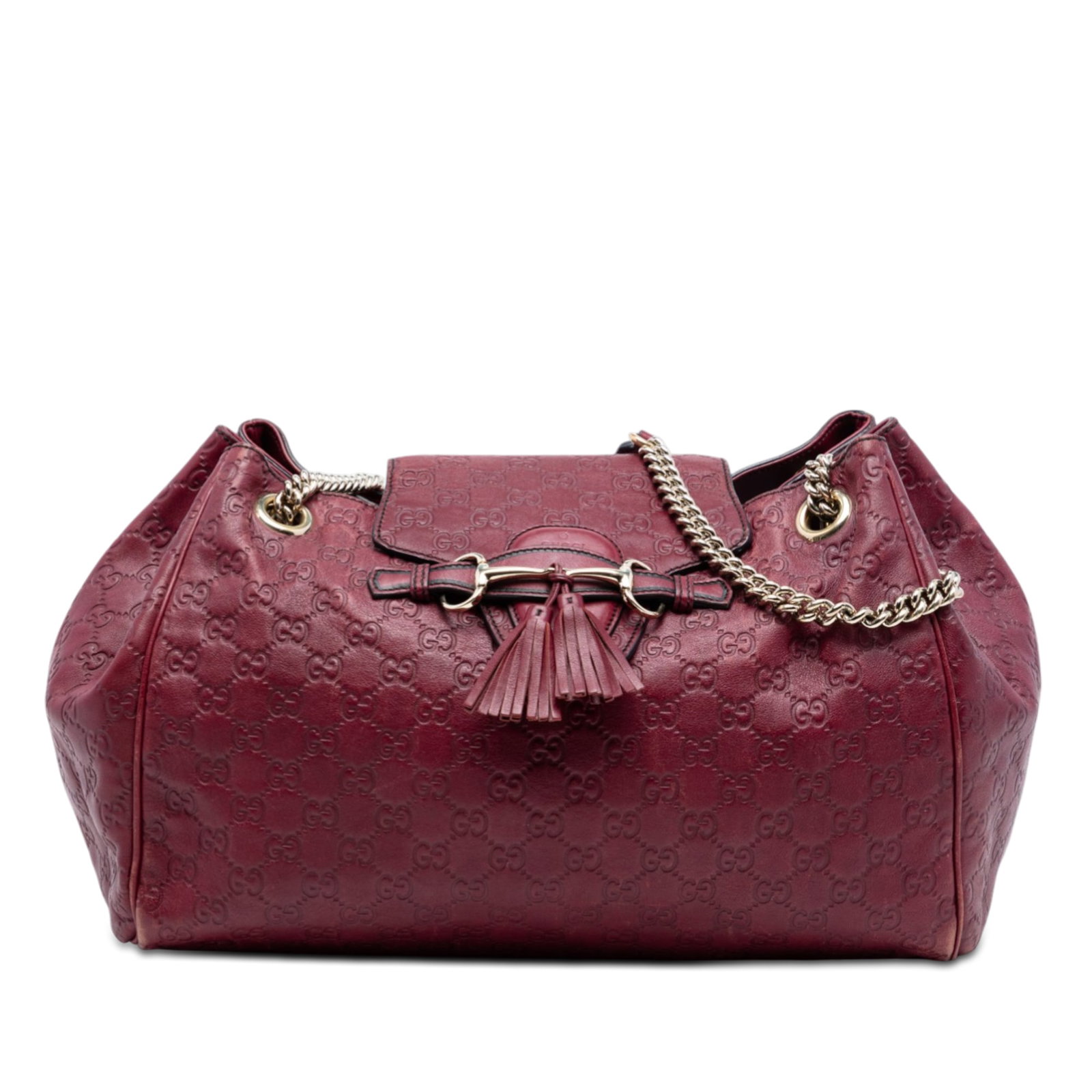 Gucci Guccissima Emily Red Leather Chain Shoulder Bag Large Size: Gucci Guccissima Emily Red Leather Chain Shoulder Bag Large Size This bag features an embossed leather body, curb chain straps, a front flap with a slip-through closure, and interior zip and slip pock