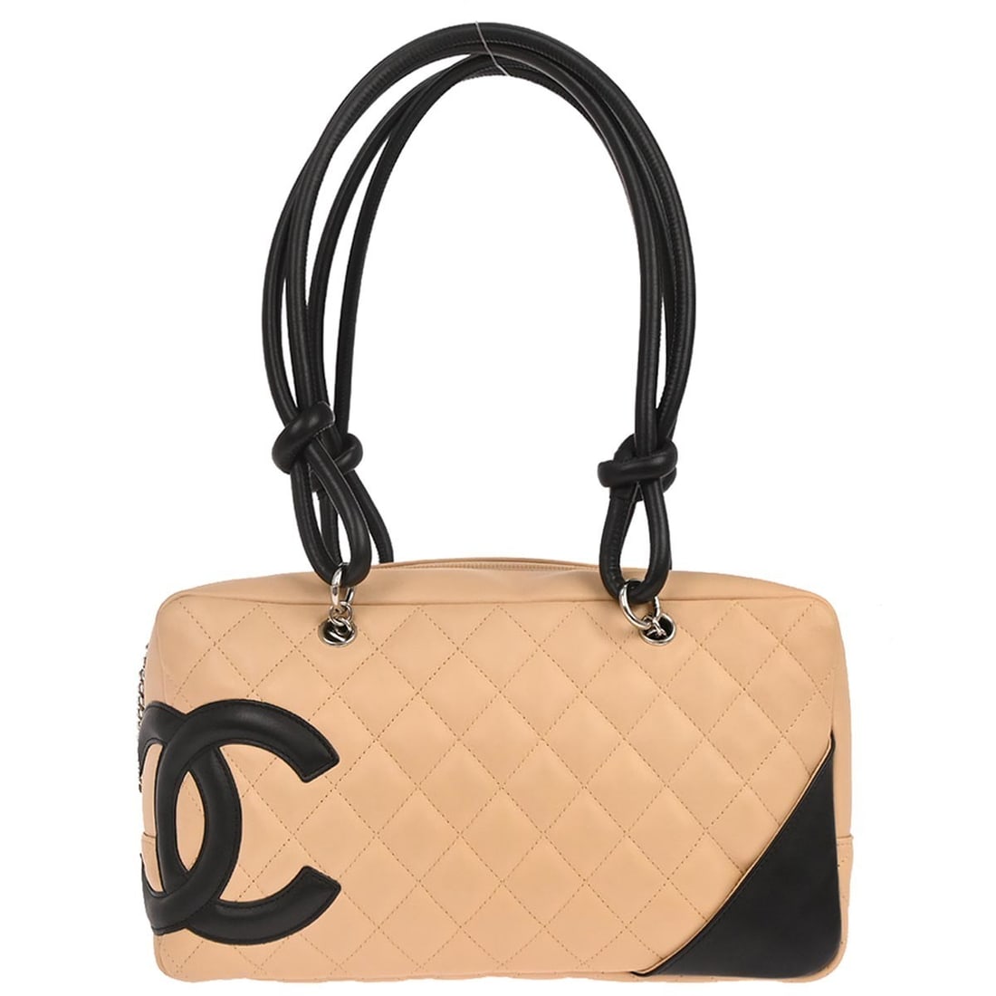 Cambon Ligne Bowling Top Handle Bag in Beige Quilted Calfskin: Cambon Ligne Bowling Top Handle Bag in Beige Quilted Calfskin This Chanel Cambon Ligne Bowling Bag is crafted from beige calfskin leather with a quilted matelasse pattern and features black double han