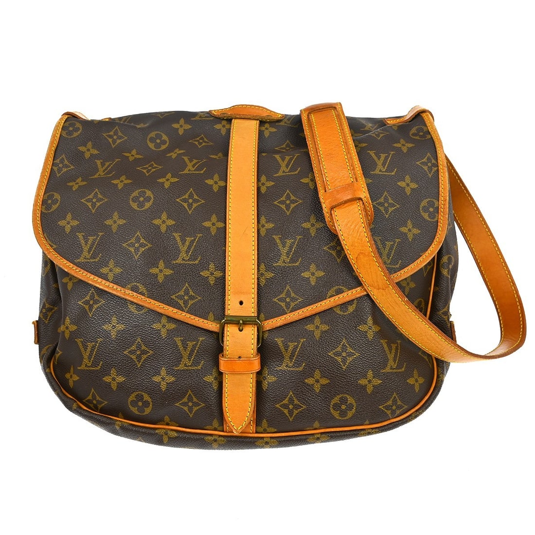 Louis Vuitton Brown Canvas Saumur Crossbody Bag France: Louis Vuitton Brown Canvas Saumur Crossbody Bag France The Louis Vuitton Saumur Handbag is crafted from brown monogram canvas and designed for unisex use. This versatile piece features a spacious inte
