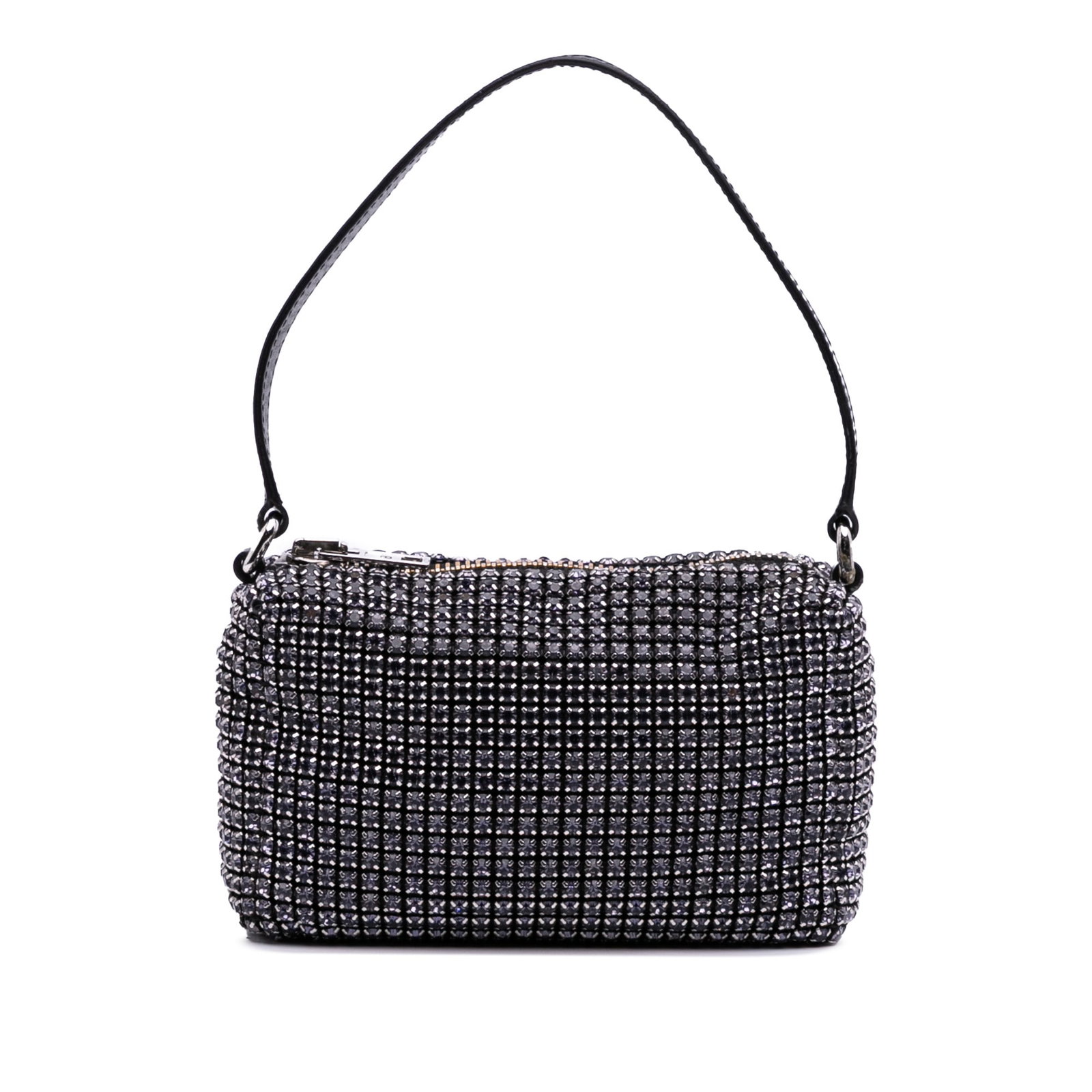 Alexander Wang Black Mesh Crystal Heiress Pouch with Leather Handle: Alexander Wang Black Mesh Crystal Heiress Pouch with Leather Handle The Alexander Wang Mesh Crystal Heiress Pouch is a stylish accessory featuring a unique mesh body adorned with sparkling crystal emb