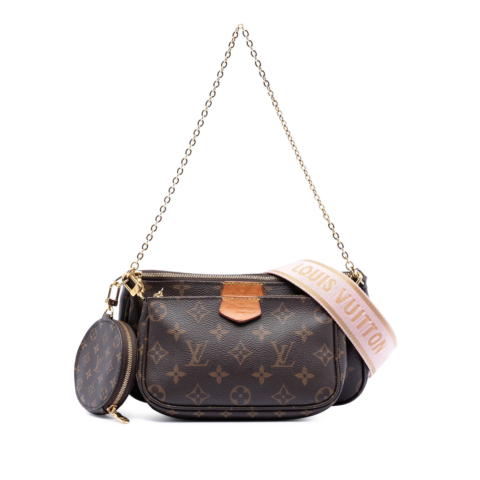 Louis Vuitton Multi Pochette Monogram Canvas Shoulder Bag Set: Louis Vuitton Multi Pochette Monogram Canvas Shoulder Bag Set This Louis Vuitton Monogram Multi Pochette Accessoires bag features a brown monogram canvas body, a detachable chain link strap, and a det