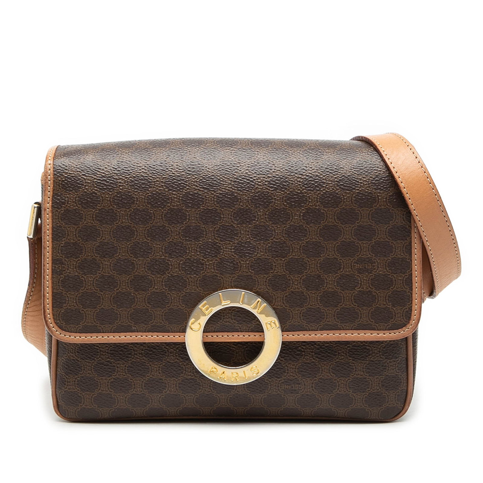 Celine Macadam Brown Coated Canvas Crossbody Bag with Leather Trim: Celine Macadam Brown Coated Canvas Crossbody Bag with Leather Trim This Celine Macadam crossbody bag features a coated canvas body with leather trim, an adjustable flat leather strap, a front flap wit