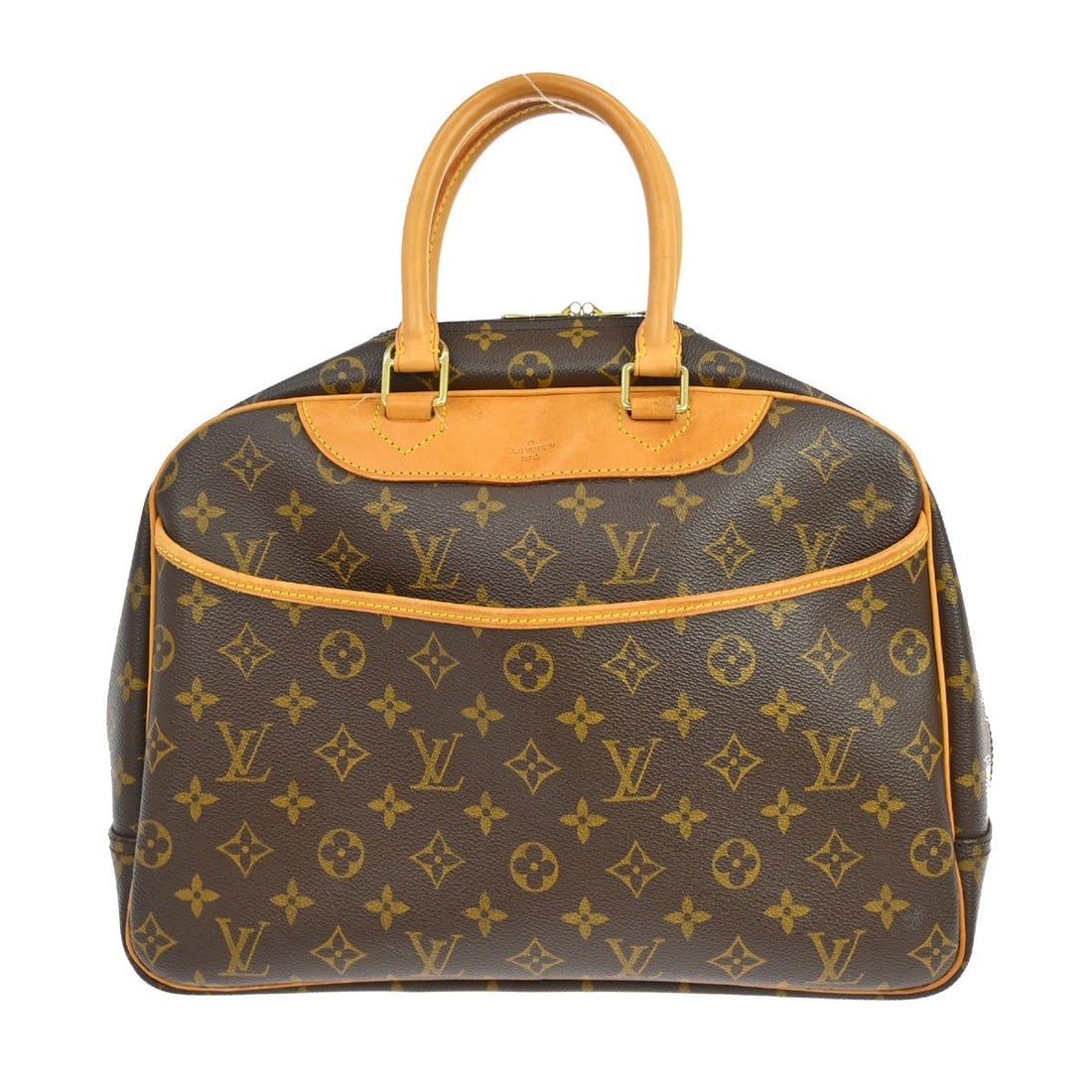 Louis Vuitton Deauville Monogram Canvas Vanity Bowling Bag Brown: Louis Vuitton Deauville Monogram Canvas Vanity Bowling Bag Brown This Louis Vuitton Deauville Bowling Business handbag features the iconic monogram canvas leather with beige double handles and a zip c