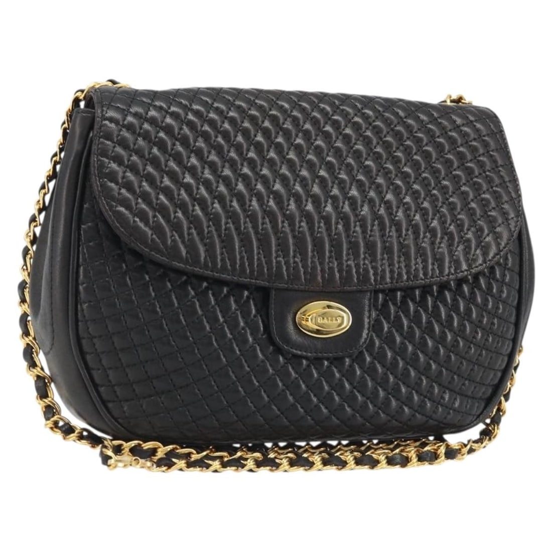 Bally Black Leather Shoulder Bag with Gold Chain Strap: Bally Black Leather Shoulder Bag with Gold Chain Strap This BALLY shoulder bag features a sleek black leather exterior accented with gold-tone details. Designed for women, the bag offers a structured 