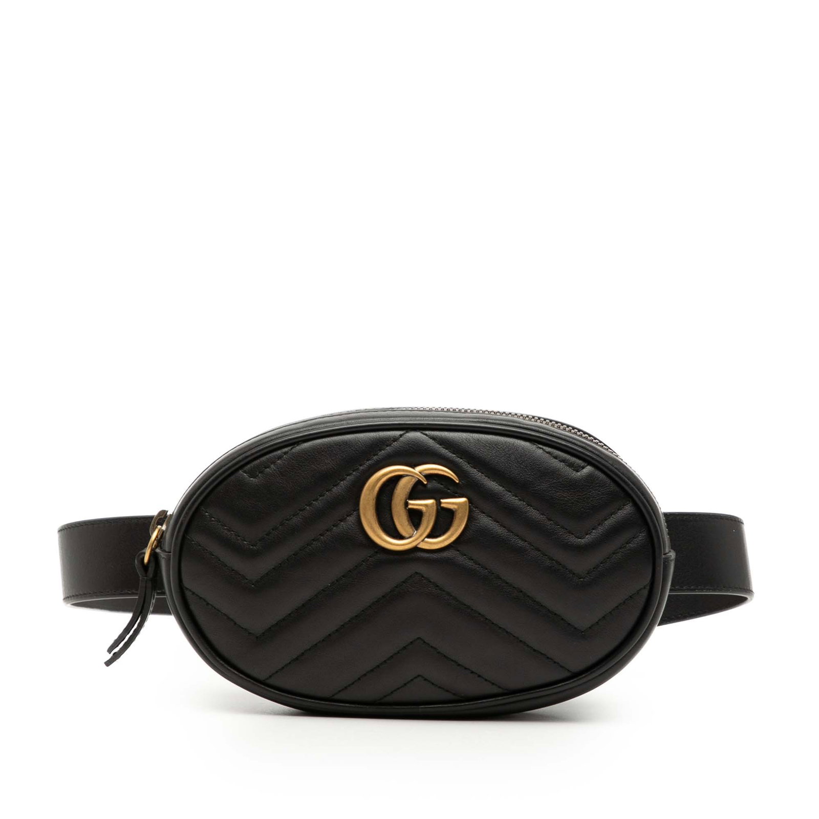 Black Leather GG Marmont Belt Bag by Gucci with Quilted Design: Black Leather GG Marmont Belt Bag by Gucci with Quilted Design This Gucci GG Marmont Matelasse belt bag features a quilted black leather body with an adjustable flat leather waist strap, a top zip clo