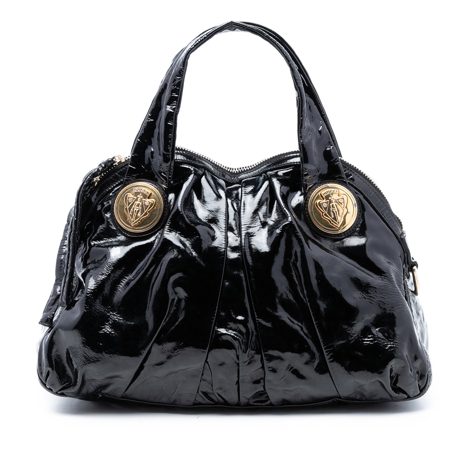 Black Patent Leather Hysteria Satchel by Gucci with Gold Tone Hardware: Black Patent Leather Hysteria Satchel by Gucci with Gold Tone Hardware This Gucci Large Patent Hysteria Satchel features a patent leather exterior in black with gold-tone hardware. It is designed with