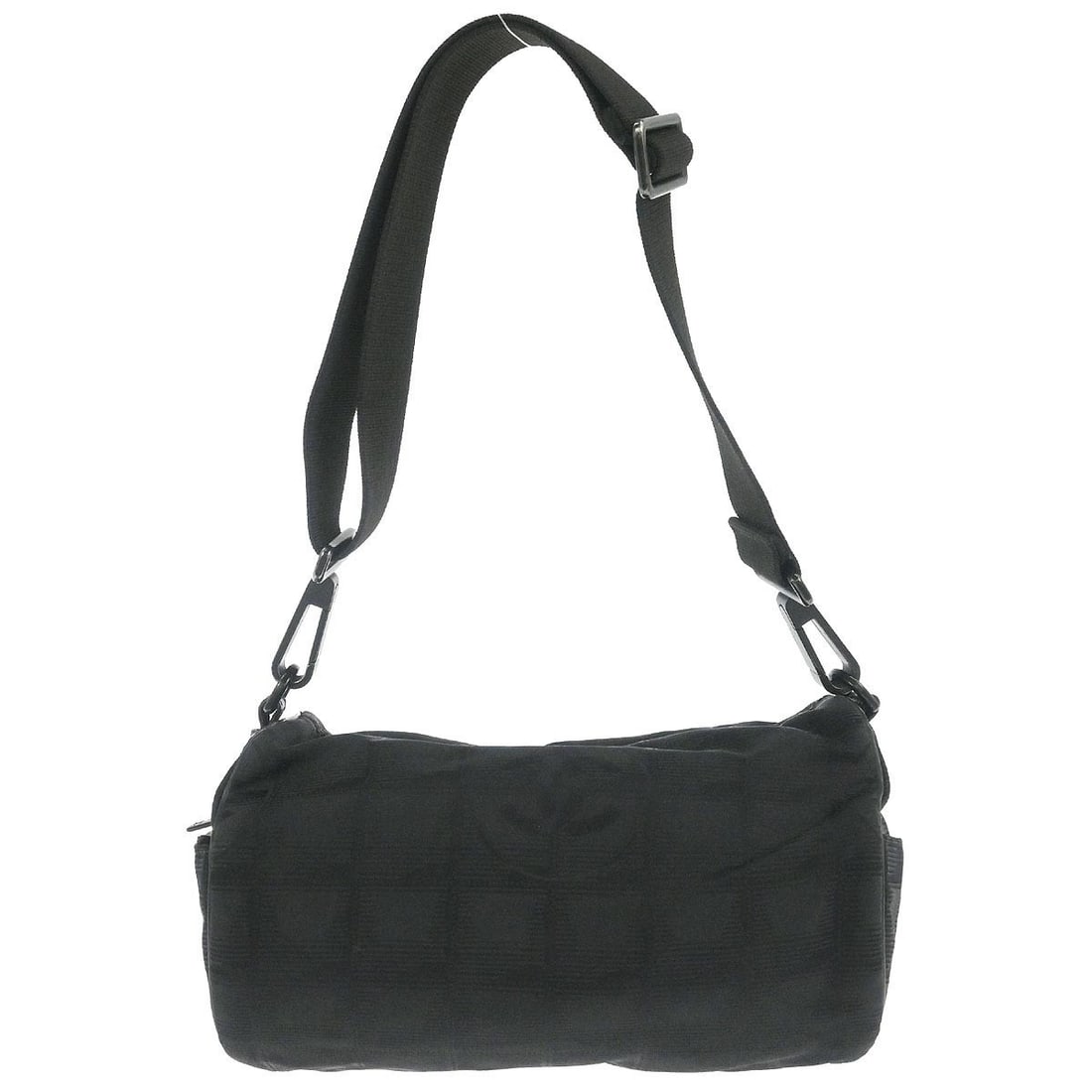 Chanel Travel Line Small Black Jacquard Nylon Shoulder Handbag: Chanel Travel Line Small Black Jacquard Nylon Shoulder Handbag This Chanel Travel Line shoulder bag features a black jacquard nylon exterior with leather accents and a nylon lining. Designed in a smal