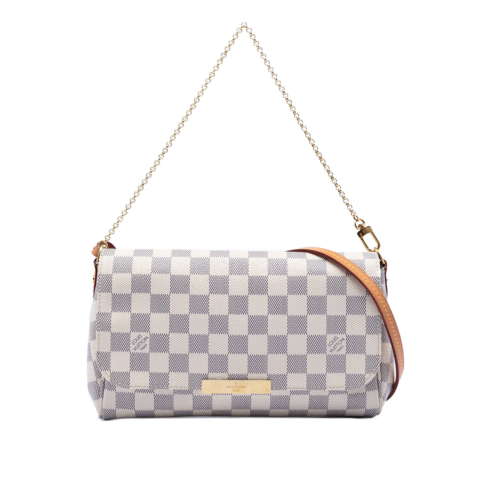 Louis Vuitton Favorite MM Shoulder Bag in Damier Azur Canvas: Louis Vuitton Favorite MM Shoulder Bag in Damier Azur Canvas This Louis Vuitton Damier Azur Favorite MM features a damier canvas body in white, a chain-link shoulder strap, and a detachable flat vache