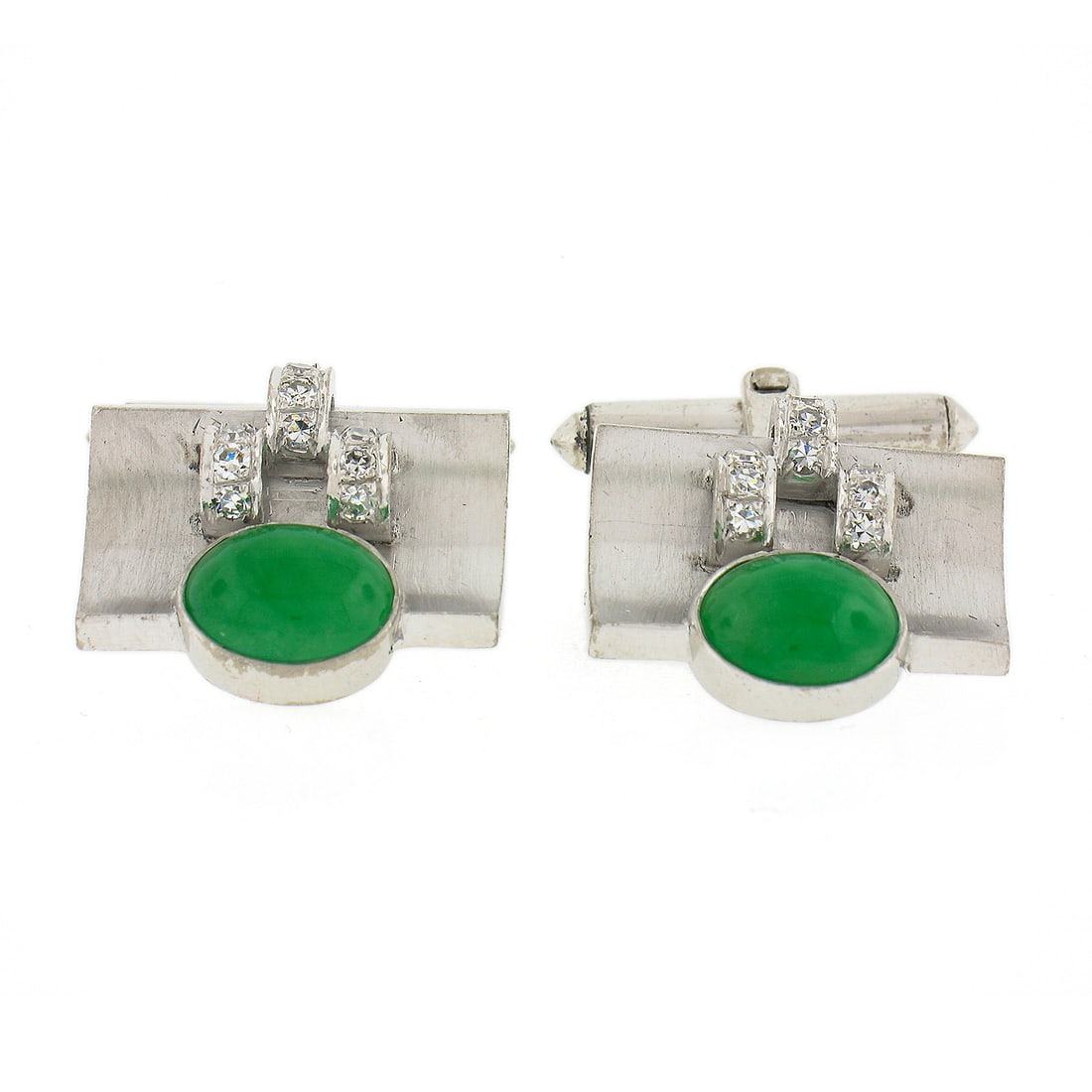 Astor 14K White Gold Oval Jade & Diamond Cufflinks Vintage Retro Style: Astor 14K White Gold Oval Jade & Diamond Cufflinks Vintage Retro Style Elevate your formal attire with these exquisite vintage cufflinks by Astor, crafted from solid 14K white gold. Featuring a unique