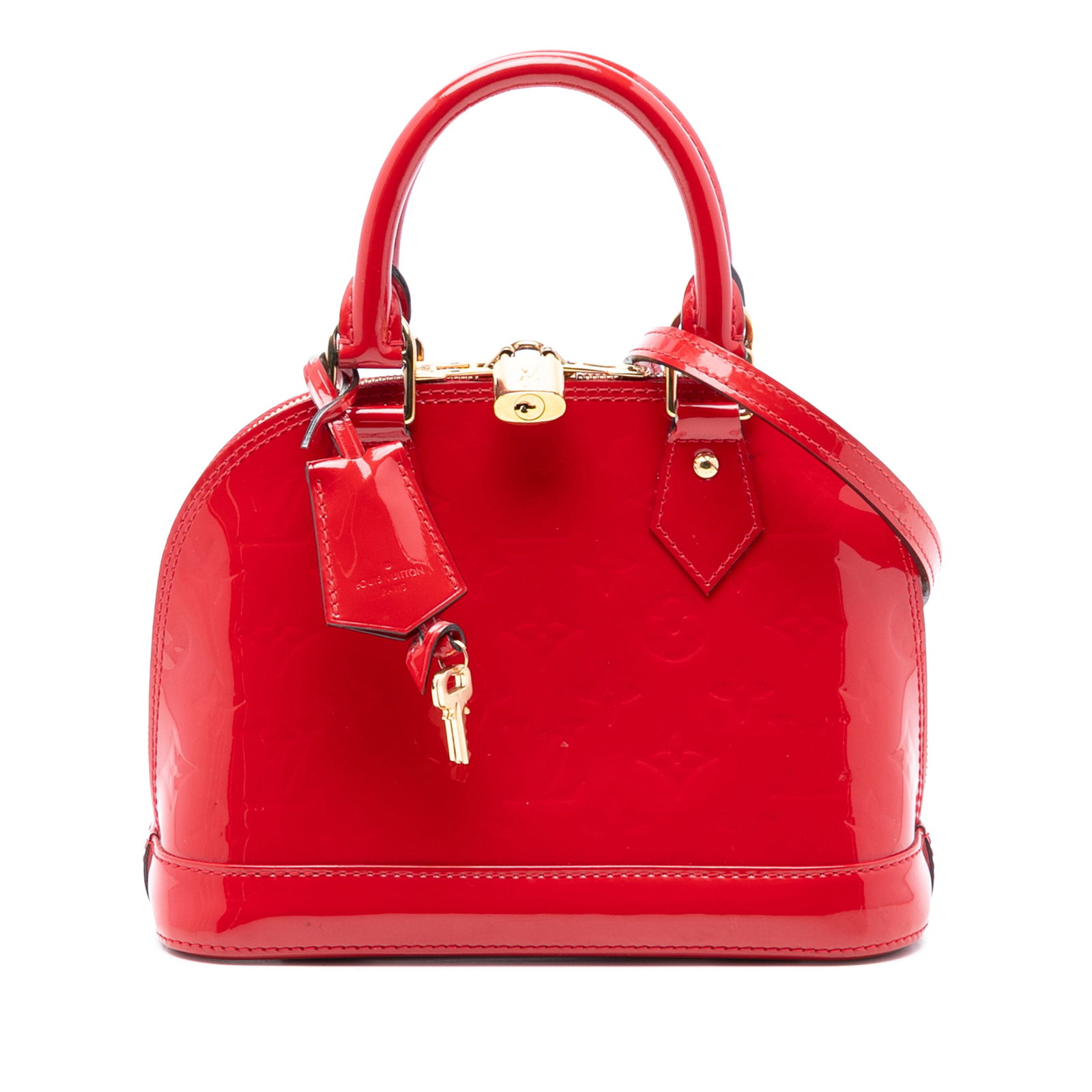 Red Leather Alma BB Bag by Louis Vuitton with Monogram Vernis Finish: Red Leather Alma BB Bag by Louis Vuitton with Monogram Vernis Finish This Louis Vuitton Monogram Vernis Alma BB features a glossy monogram vernis leather exterior in red, rolled leather handles, a det
