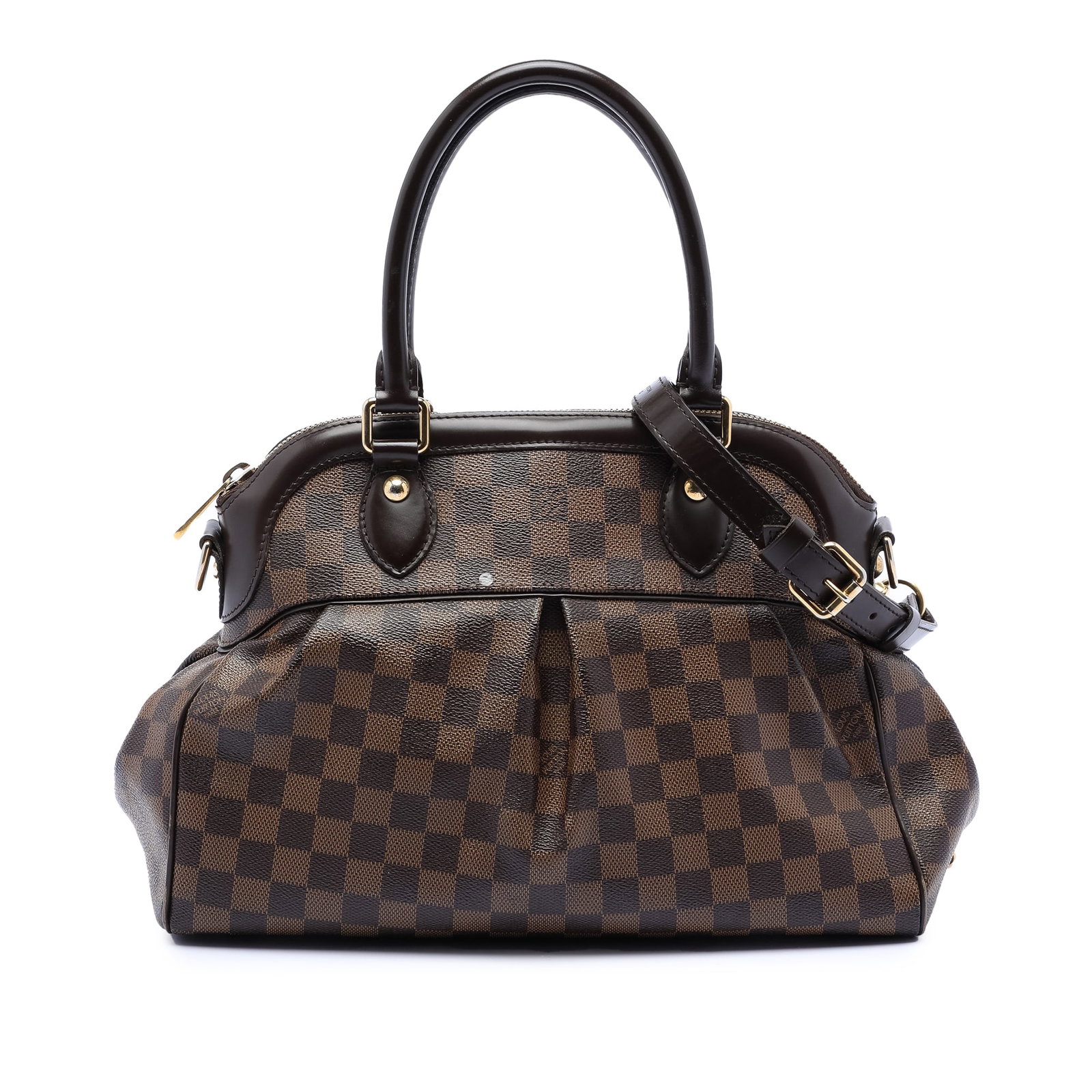 Louis Vuitton Trevi PM Brown Damier Ebene Canvas Satchel with Strap: Louis Vuitton Trevi PM Brown Damier Ebene Canvas Satchel with Strap The Louis Vuitton Damier Ebene Trevi PM features the signature Damier Ebene canvas with leather trim, rolled leather handles, a deta