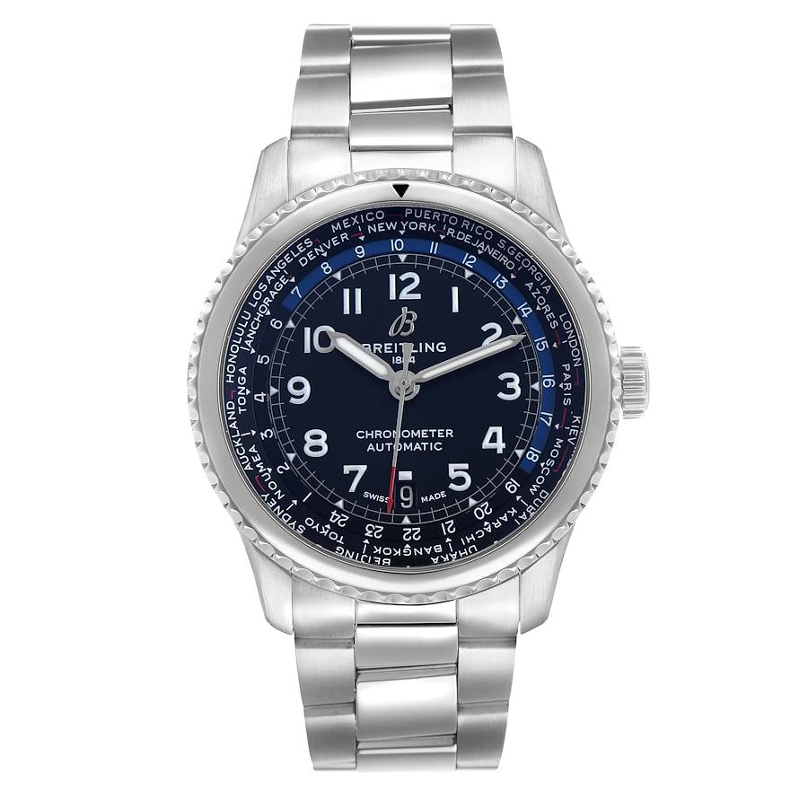 Aviator 8 B35 Unitime Blue Dial Stainless Steel Watch Ref AB3521 with Card: Aviator 8 B35 Unitime Blue Dial Stainless Steel Watch Ref AB3521 with Card The Breitling Aviator 8 B35 Unitime features a blue Arabic dial and a rotating bezel, paired with a stainless steel bracelet.