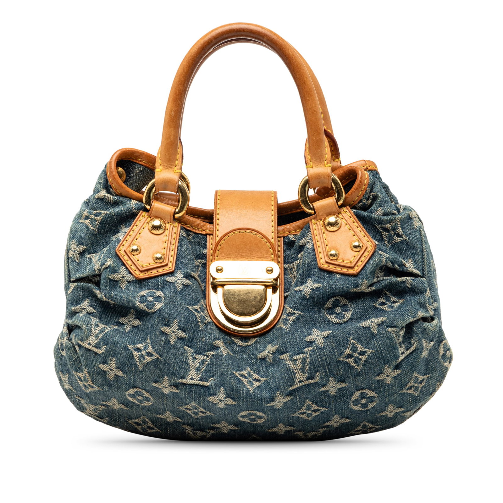 Louis Vuitton Pleaty Blue Monogram Denim Handbag with Leather Trim: Louis Vuitton Pleaty Blue Monogram Denim Handbag with Leather Trim This Louis Vuitton Monogram Denim Pleaty bag features a monogram denim body accented with vachetta leather trim and rolled vachetta l