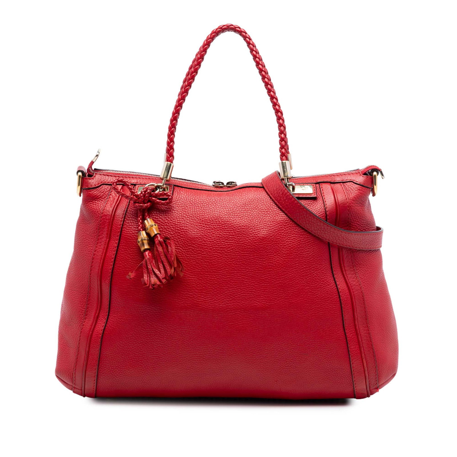 Gucci Bella Red Leather Satchel with Braided Handles and Bamboo Tassels: Gucci Bella Red Leather Satchel with Braided Handles and Bamboo Tassels This Gucci Calfskin Bella Satchel showcases a red leather body with braided leather handles adorned with bamboo tassel details. 