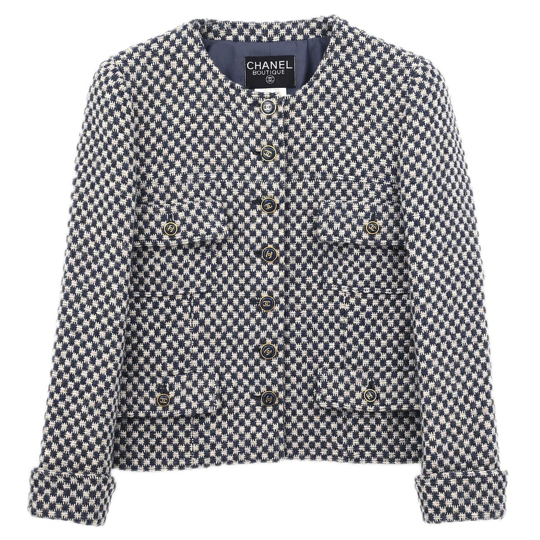 Navy Wool Chanel Vintage Collarless Single-Breasted Women's Jacket 95A Size 42: Navy Wool Chanel Vintage Collarless Single-Breasted Women's Jacket 95A Size 42 This vintage Chanel single-breasted jacket features a collarless design in a classic navy color. Crafted from 100% wool, 