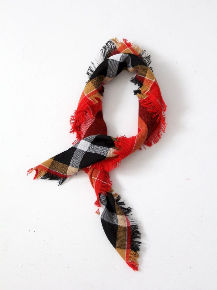 Vintage 60s Red Plaid Scarf with Fringe Trim: Vintage 60s Red Plaid Scarf with Fringe Trim Elevate your style with this vintage 60s red plaid scarf, perfect for both head and neck wear. Crafted from soft woven fabric, it showcases a classic red p