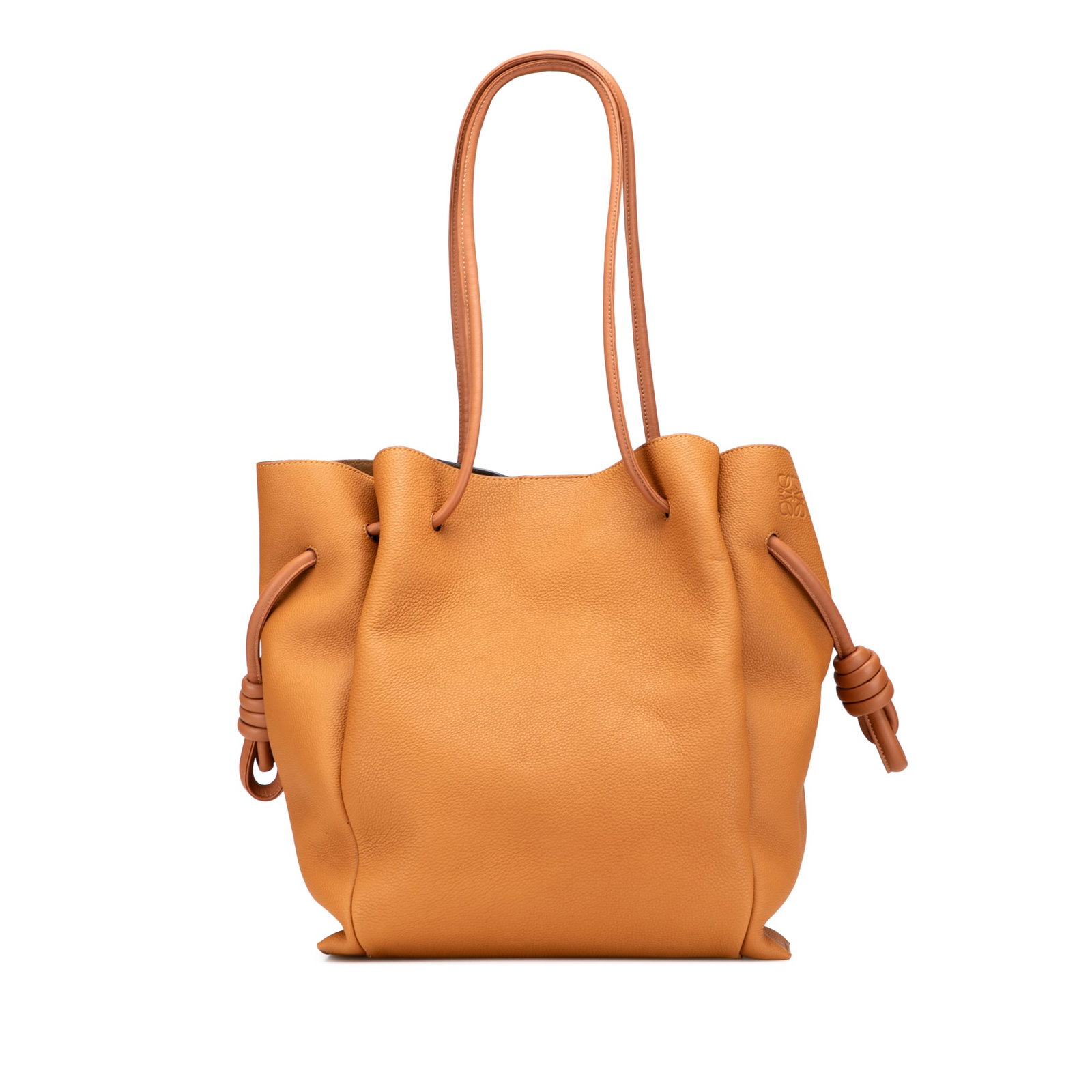LOEWE Medium Leather Flamenco Knot Tote in Brown with Rolled Straps: LOEWE Medium Leather Flamenco Knot Tote in Brown with Rolled Straps Introducing the LOEWE Medium Leather Flamenco Knot Tote, a perfect blend of elegance and functionality. Crafted from high-quality le