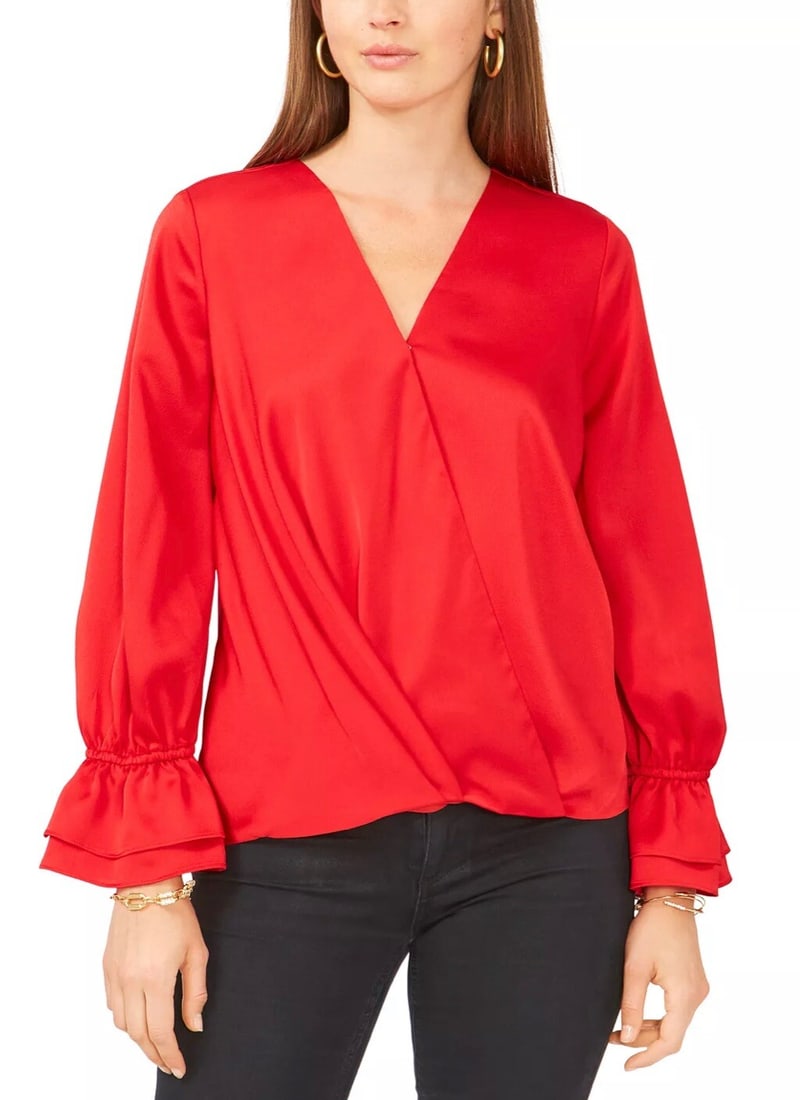 Vince Camuto Red Solid Surplice Blouse with Ruffled Cuffs XS (1 of 1)