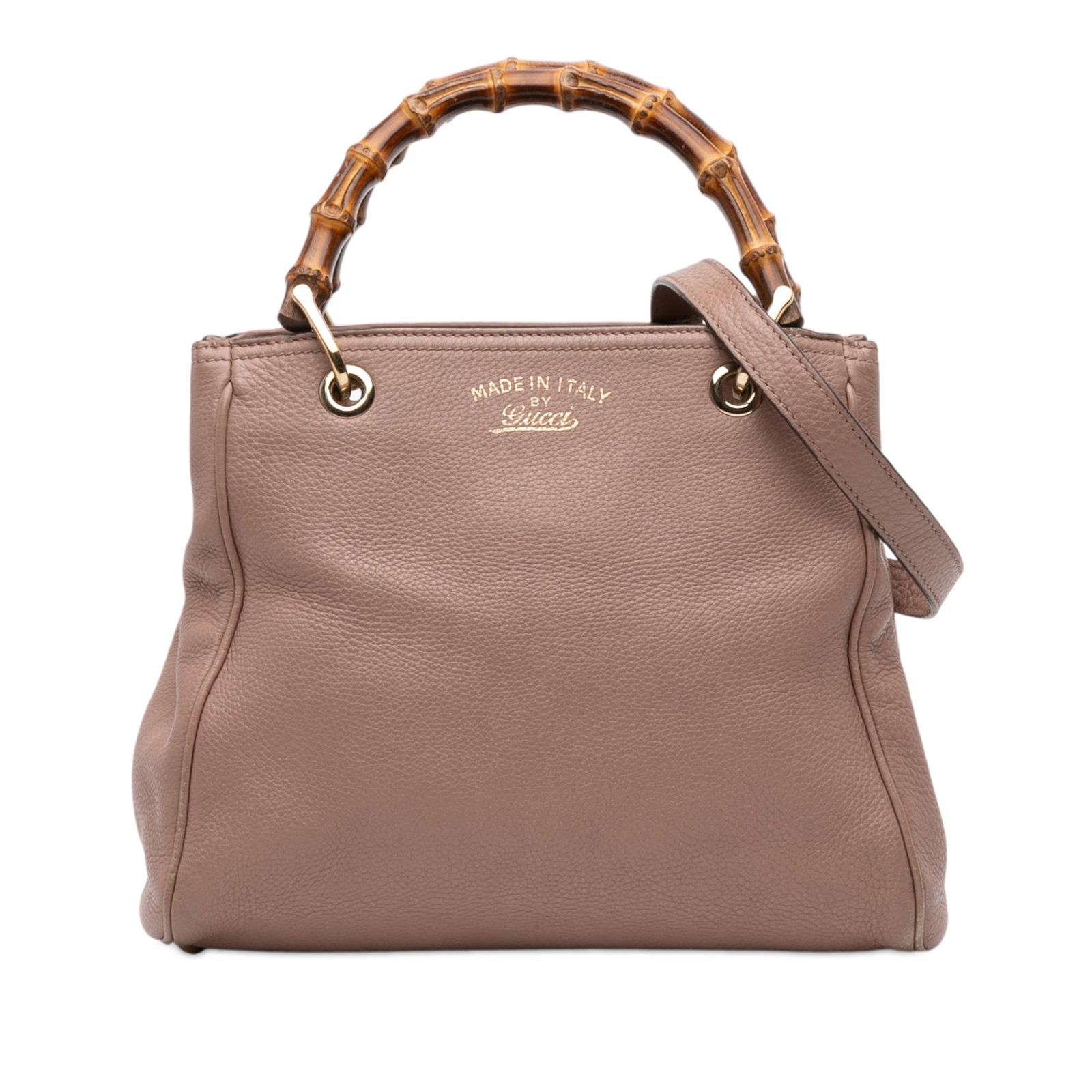 Gucci Bamboo Handle Small Brown Leather Satchel with Shoulder Strap: Gucci Bamboo Handle Small Brown Leather Satchel with Shoulder Strap This Gucci Small Calfskin Bamboo Shopper Satchel features a brown leather body, distinctive bamboo top handles, and a detachable fla