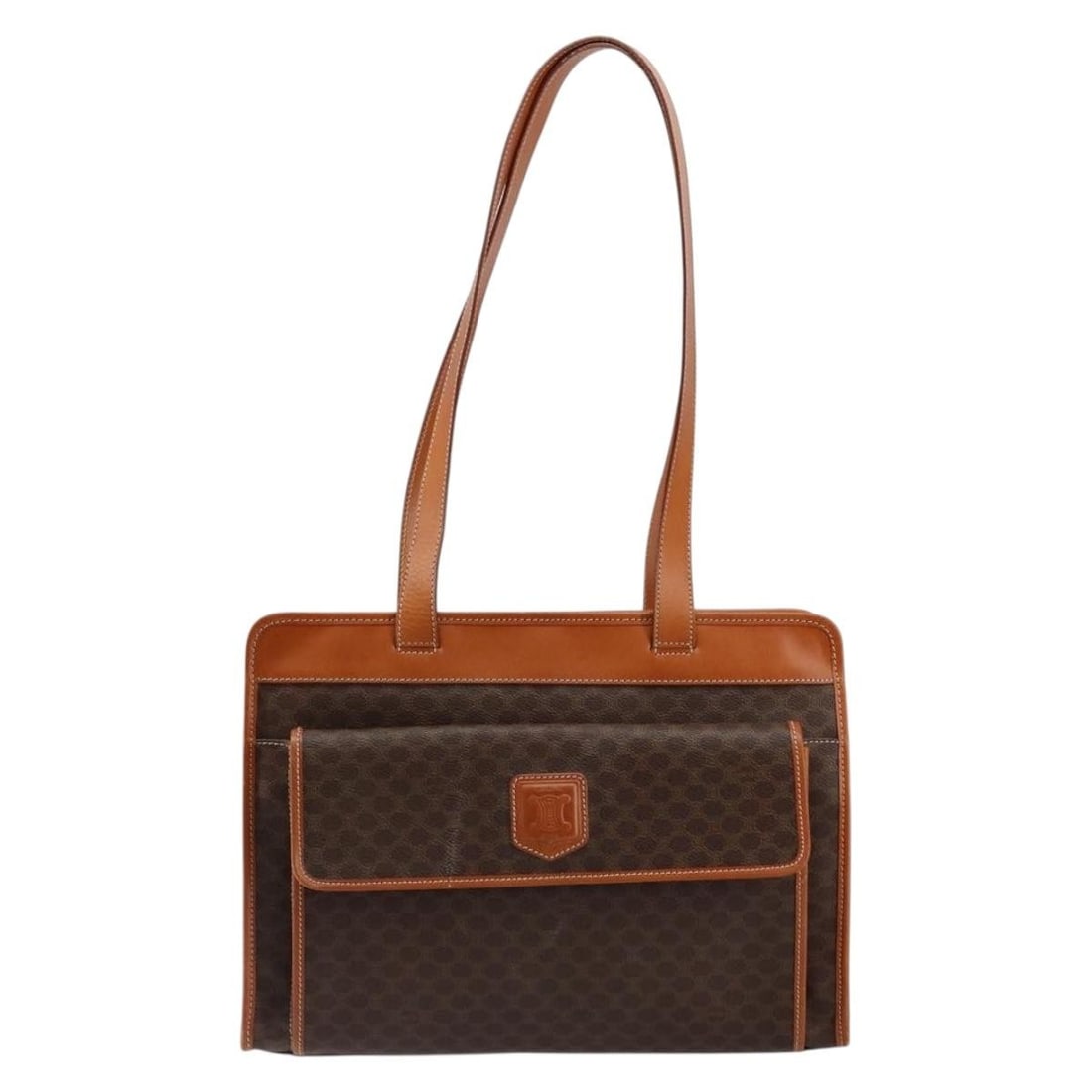 Vintage Macadam Canvas and Leather Tote by Celine 35cm: Vintage Macadam Canvas and Leather Tote by Celine 35cm This vintage Celine Macadam tote bag for women features a brown canvas body with leather accents. The pre-owned bag is in good condition with min