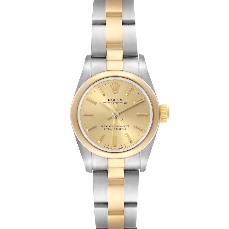 Ladies Rolex 67183 Oyster Perpetual Champagne Stick Dial with Papers 1985: Ladies Rolex 67183 Oyster Perpetual Champagne Stick Dial with Papers 1985 This ladies' Rolex Oyster Perpetual features a champagne stick dial with a smooth bezel and is paired with an Oyster bracelet.