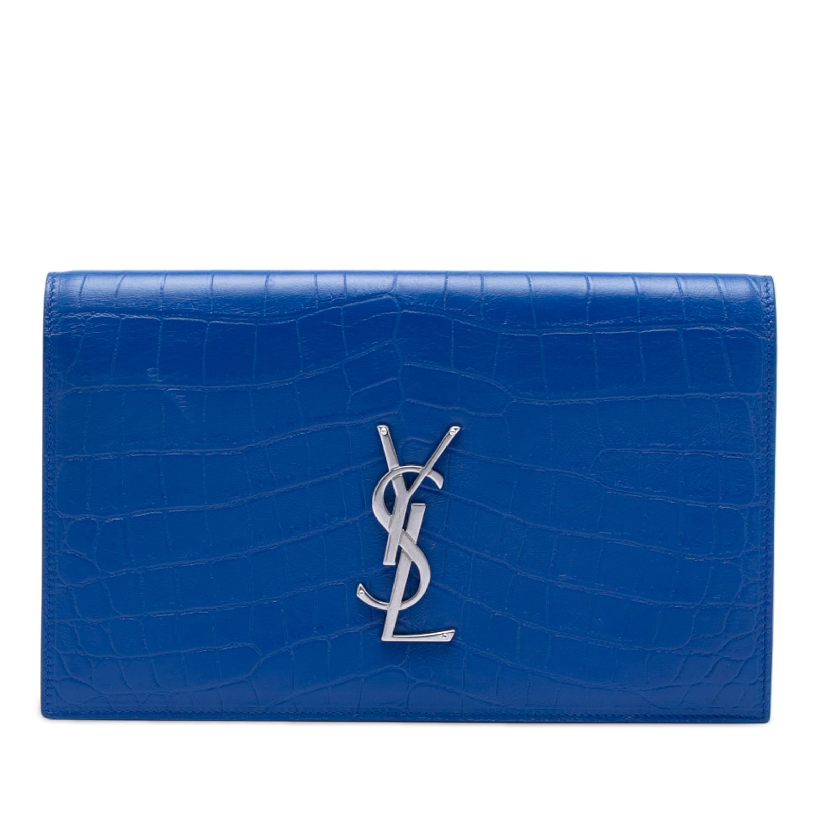Blue Leather Monogram Kate Clutch by Saint Laurent with Croc Embossing: Blue Leather Monogram Kate Clutch by Saint Laurent with Croc Embossing This Saint Laurent Monogram Kate clutch features a blue croc-embossed leather exterior, a front flap with magnetic closure, and a